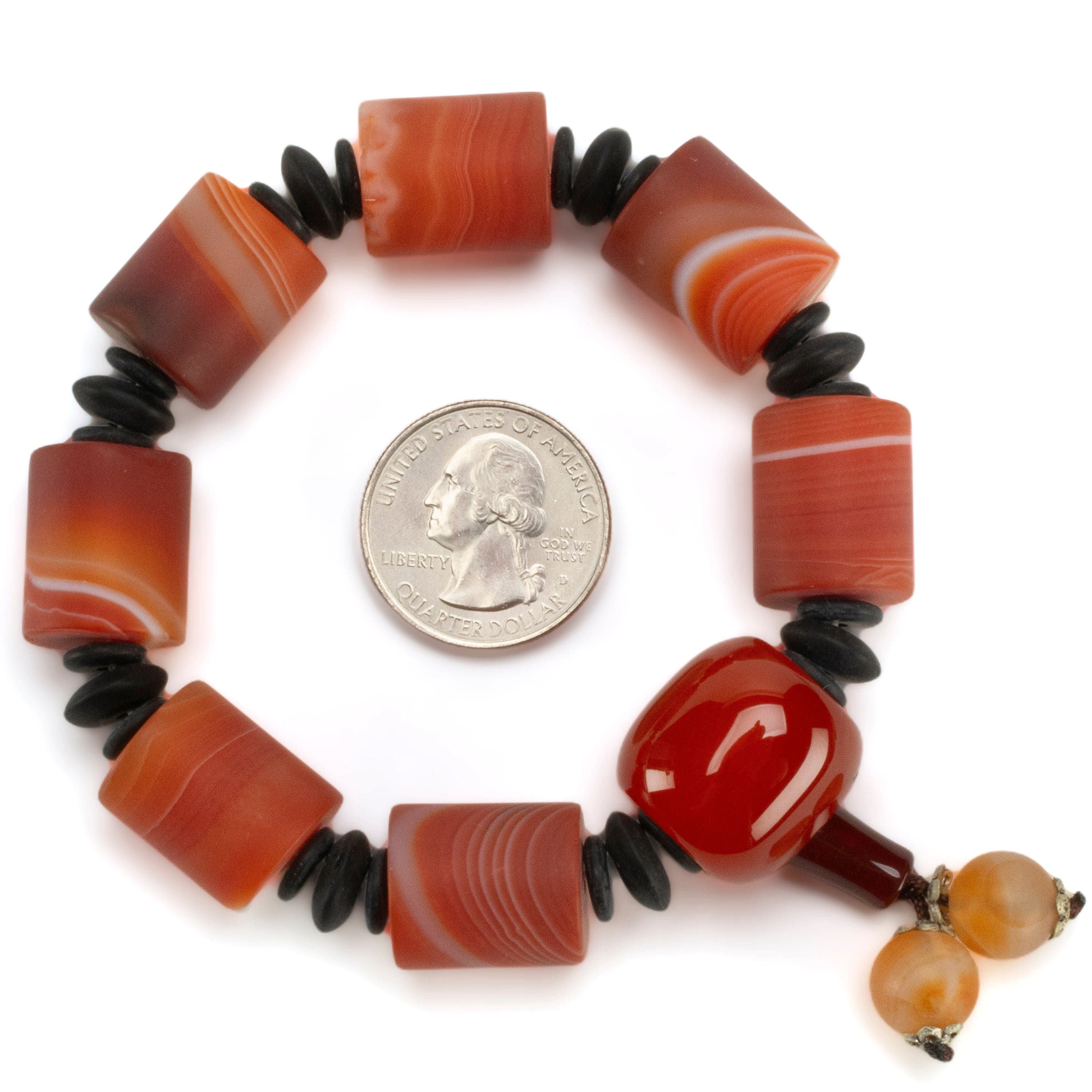 Kalifano Gemstone Bracelets Carnelian & Black Agate Gemstone Elastic Bracelet with Tassel WHITE-BGP-059