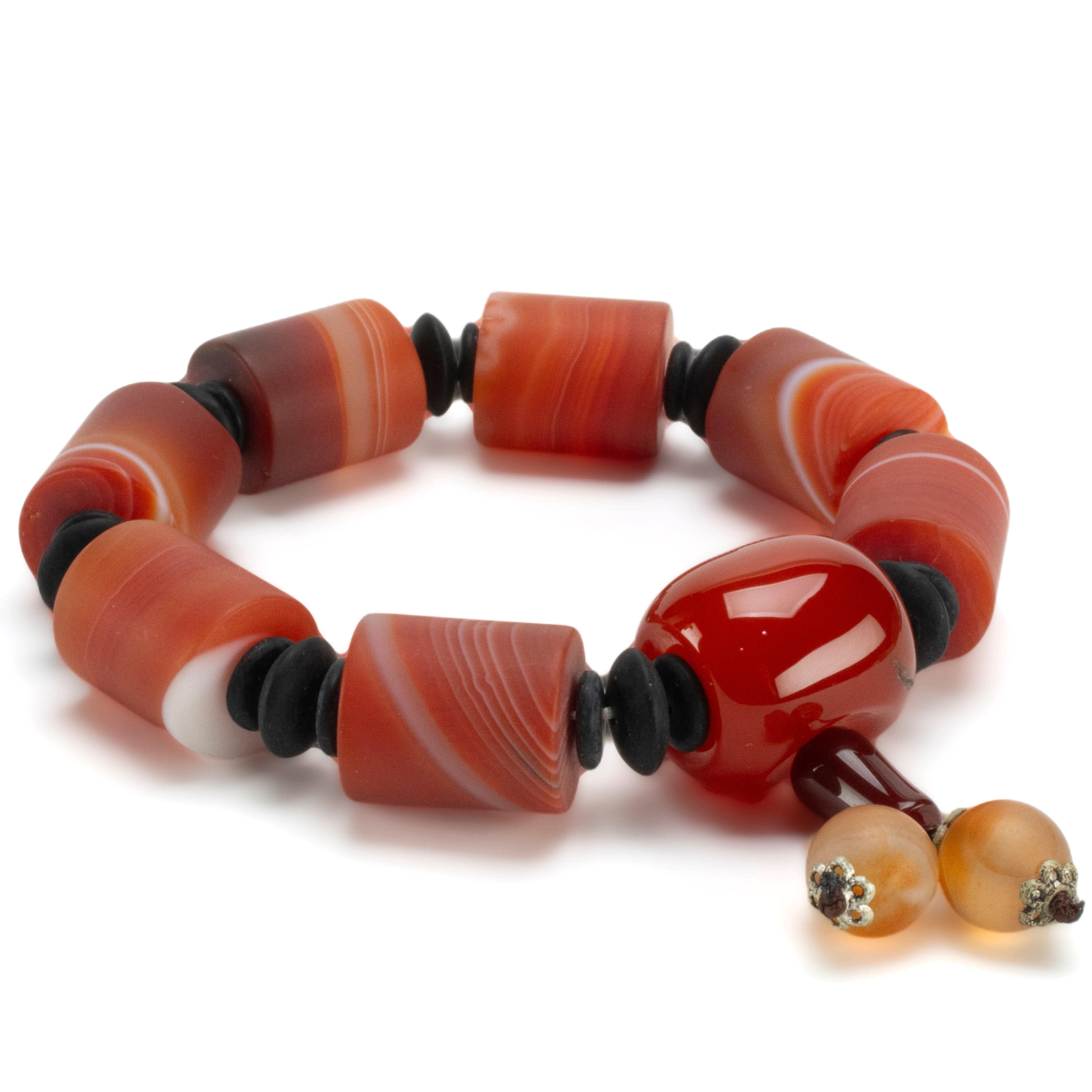 Kalifano Gemstone Bracelets Carnelian & Black Agate Gemstone Elastic Bracelet with Tassel WHITE-BGP-059