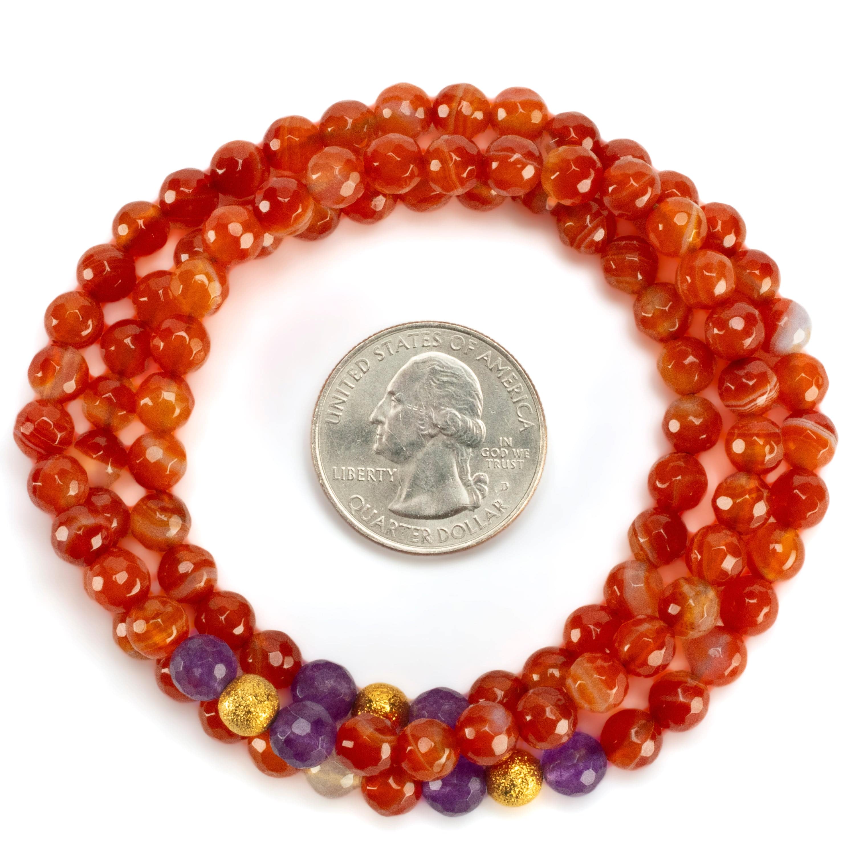 Kalifano Gemstone Bracelets Carnelian Faceted 6mm Beads with Amethyst & Gold Accent Beads Triple Wrap Gemstone Elastic Bracelet WHITE-BGI3-076