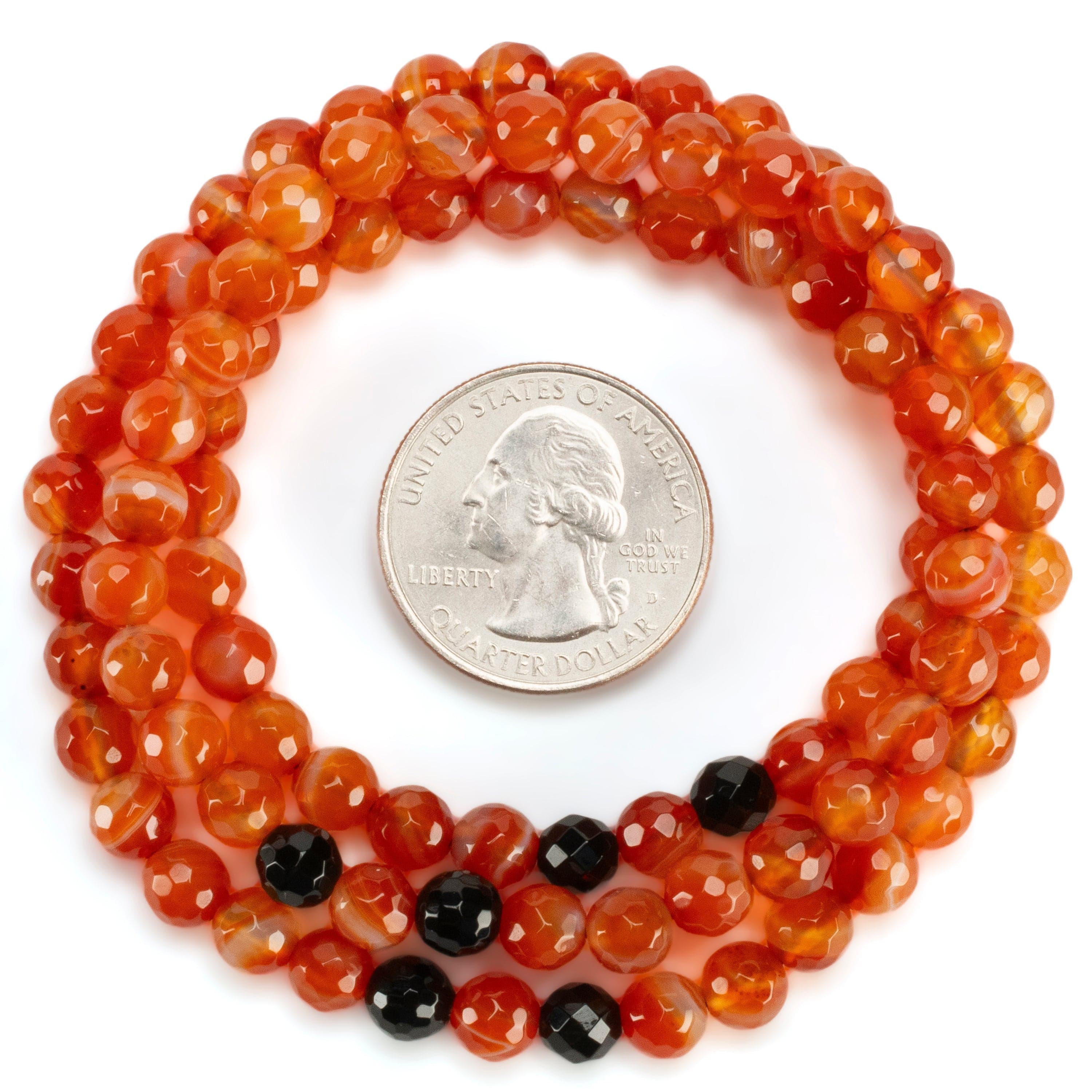 Kalifano Gemstone Bracelets Carnelian Faceted 6mm Beads with Black Agate Accent Beads Triple Wrap Gemstone Elastic Bracelet WHITE-BGI3-077