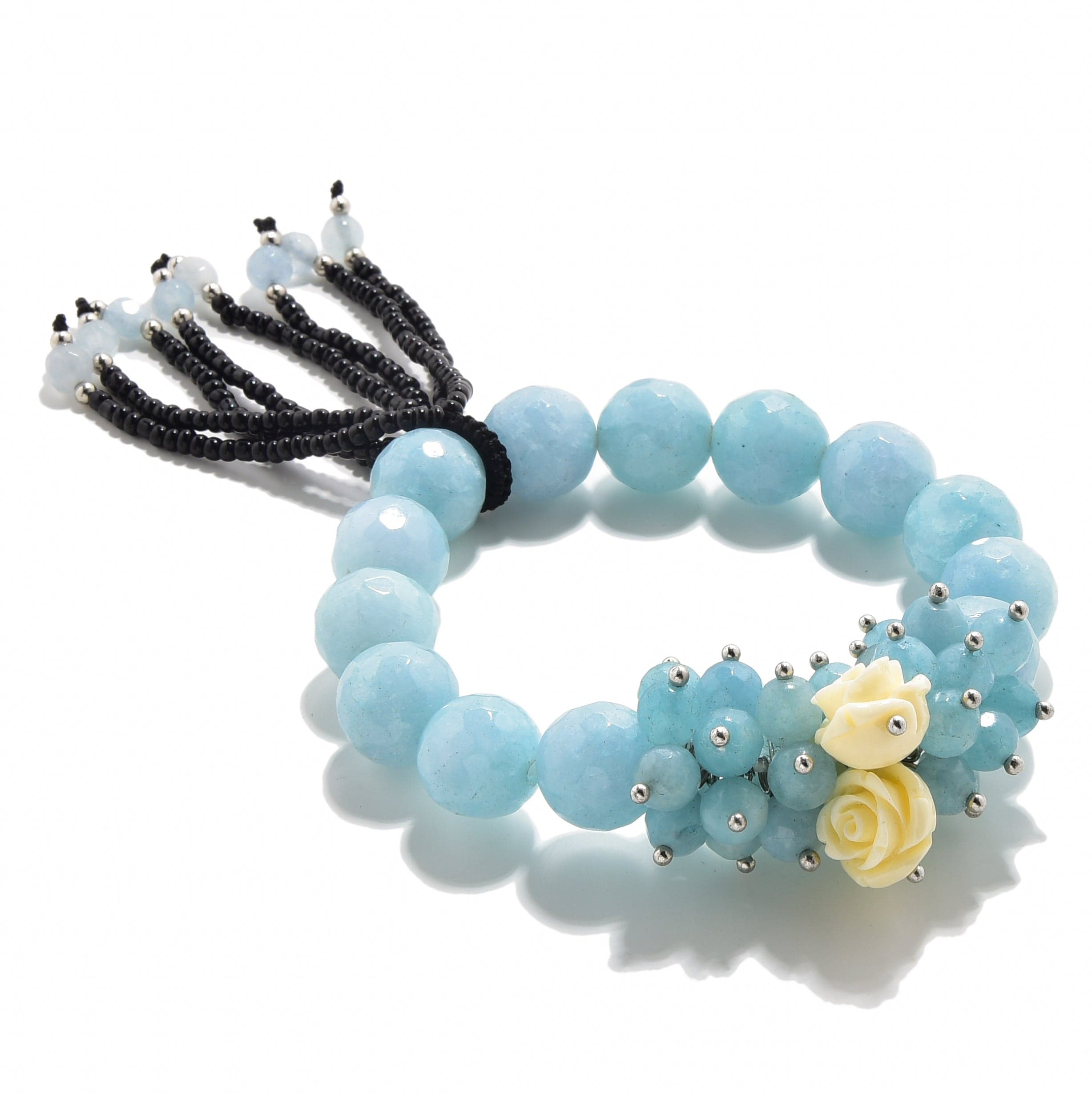 Kalifano Gemstone Bracelets Faceted Aqua Agate with Flower Accents 12mm Gemstone Bead Elastic Bracelet GOLD-BGP-FAQ