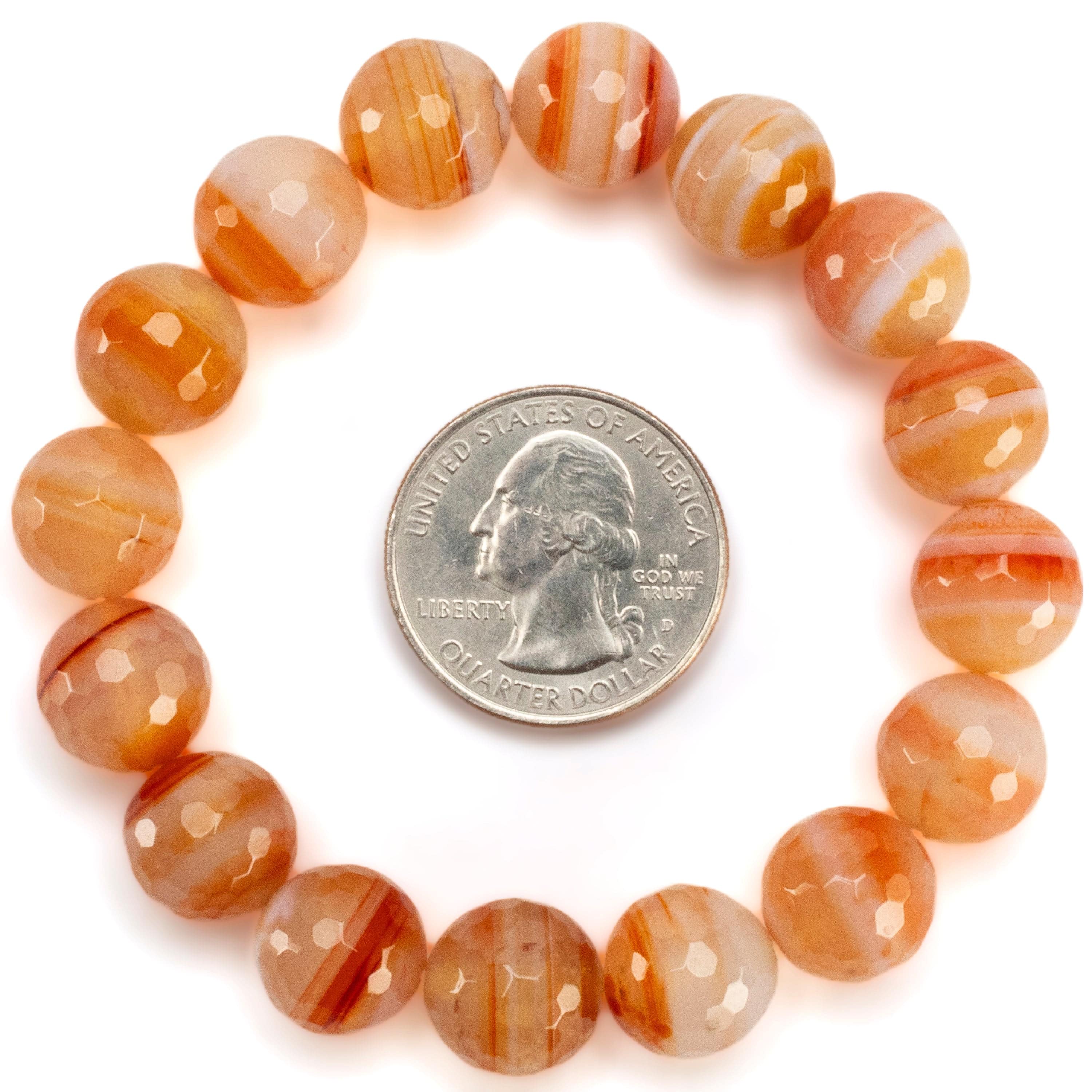 Kalifano Gemstone Bracelets Faceted Banded Carnelian 12mm Gemstone Bead Elastic Bracelet GOLD-BGP-066