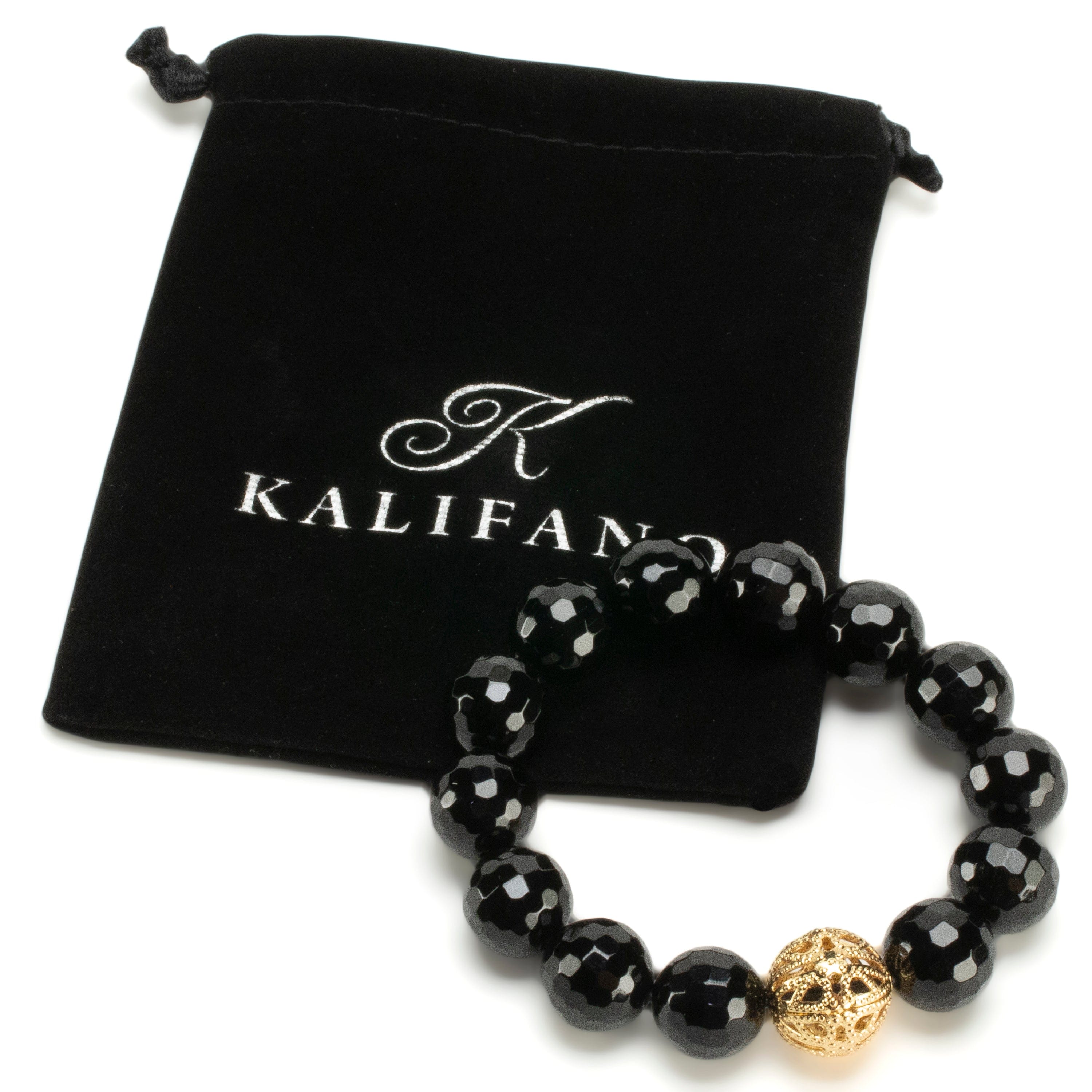 Kalifano Gemstone Bracelets Faceted Black Agate 14mm Gemstone Bead Elastic Bracelet with Gold Accent Bead GOLD-BGP-075