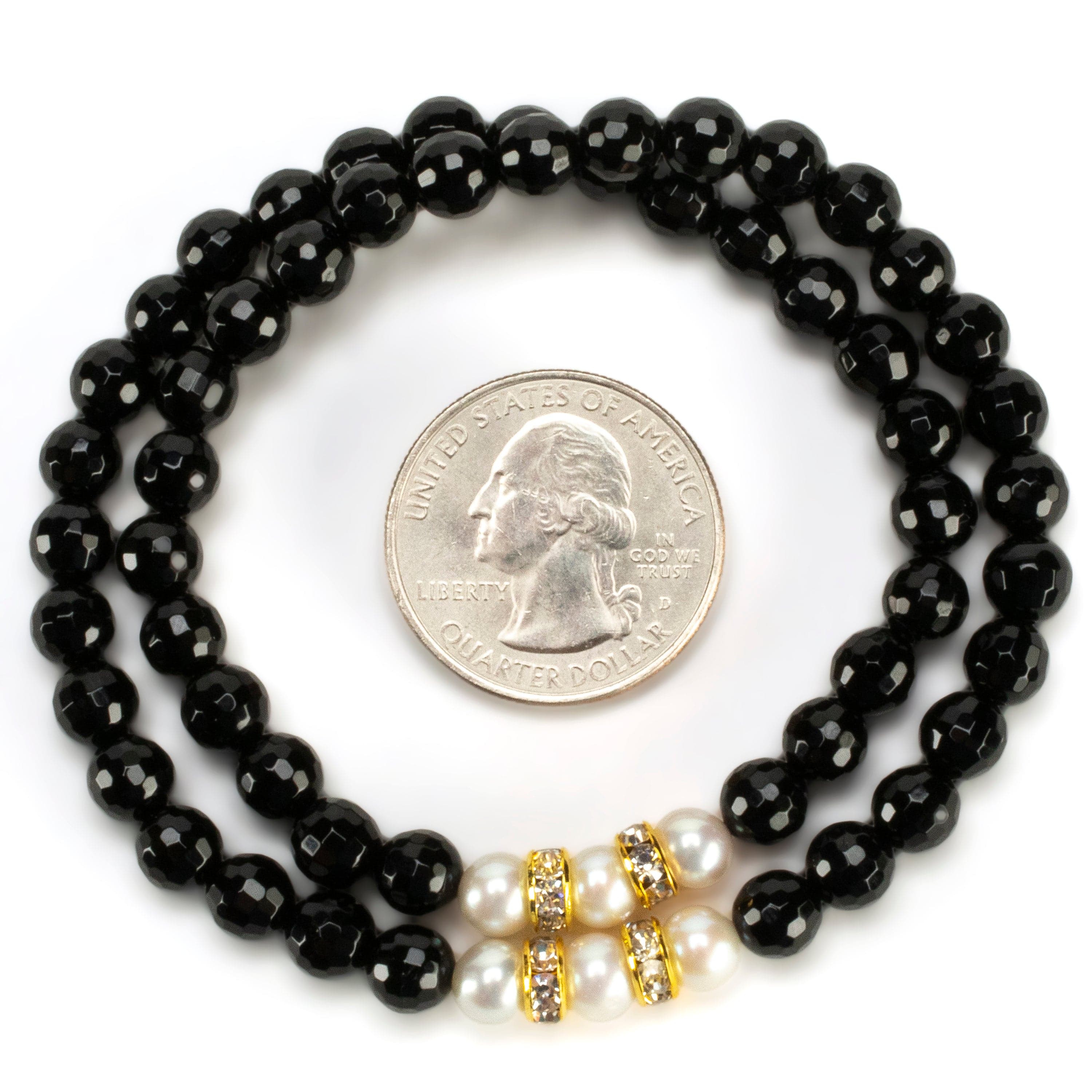 Kalifano Gemstone Bracelets Faceted Black Agate 6mm Beads with Pearl & Gold Accent Beads Double Wrap Elastic Gemstone Bracelet WHITE-BGI2-042