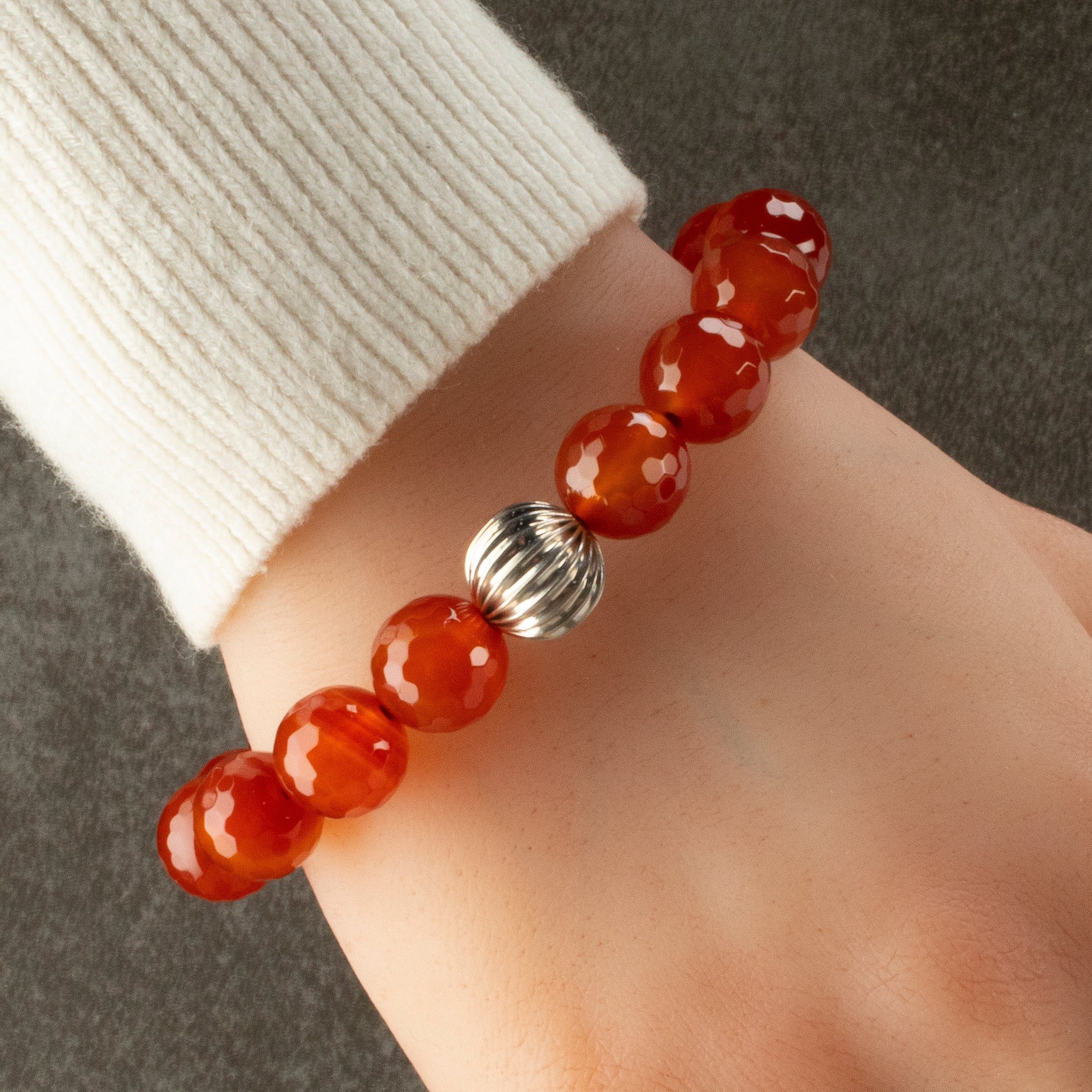 Kalifano Gemstone Bracelets Faceted Carnelian 12mm Gemstone Elastic Bracelet with Silver Accent Bead WHITE-BGP-062