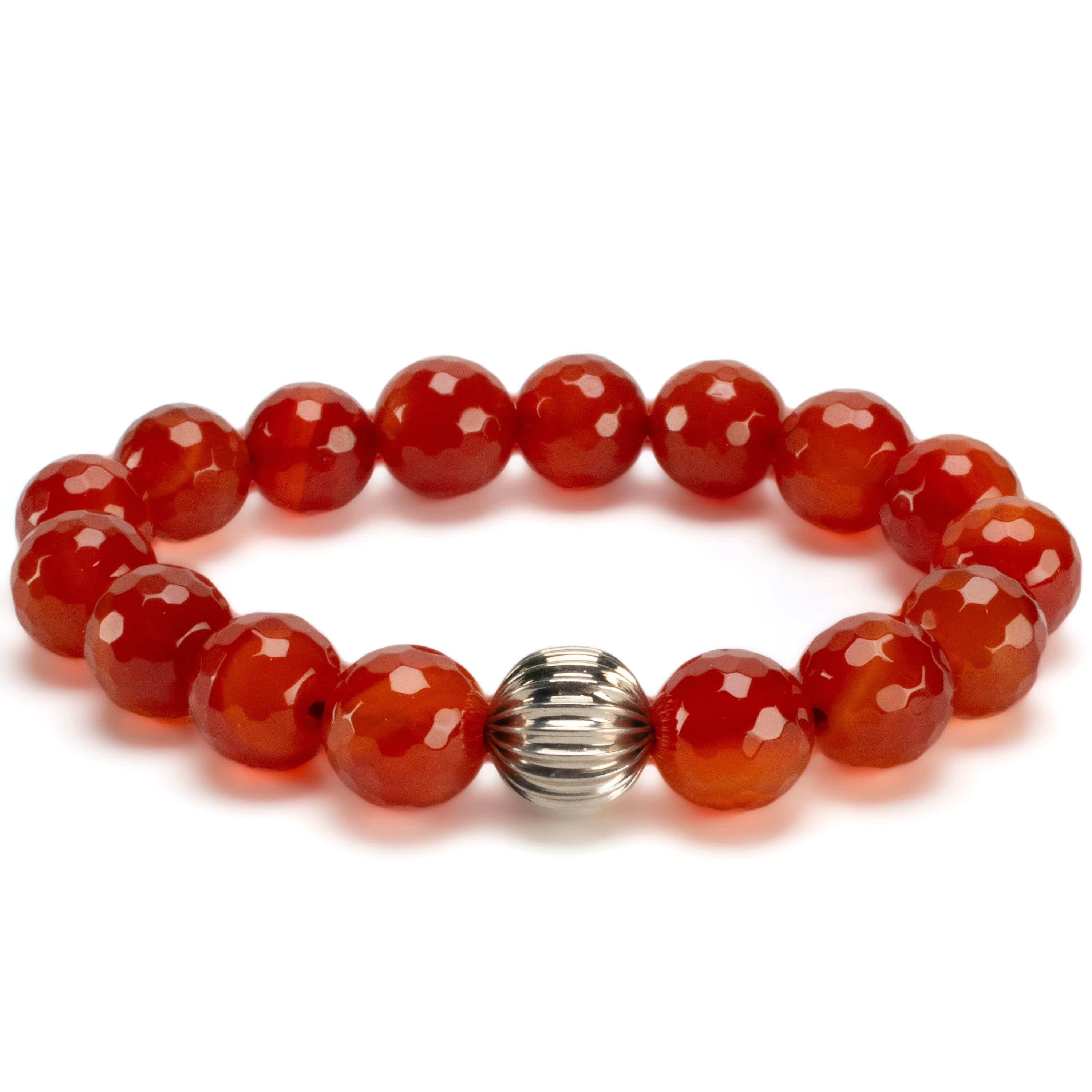 Kalifano Gemstone Bracelets Faceted Carnelian 12mm Gemstone Elastic Bracelet with Silver Accent Bead WHITE-BGP-062