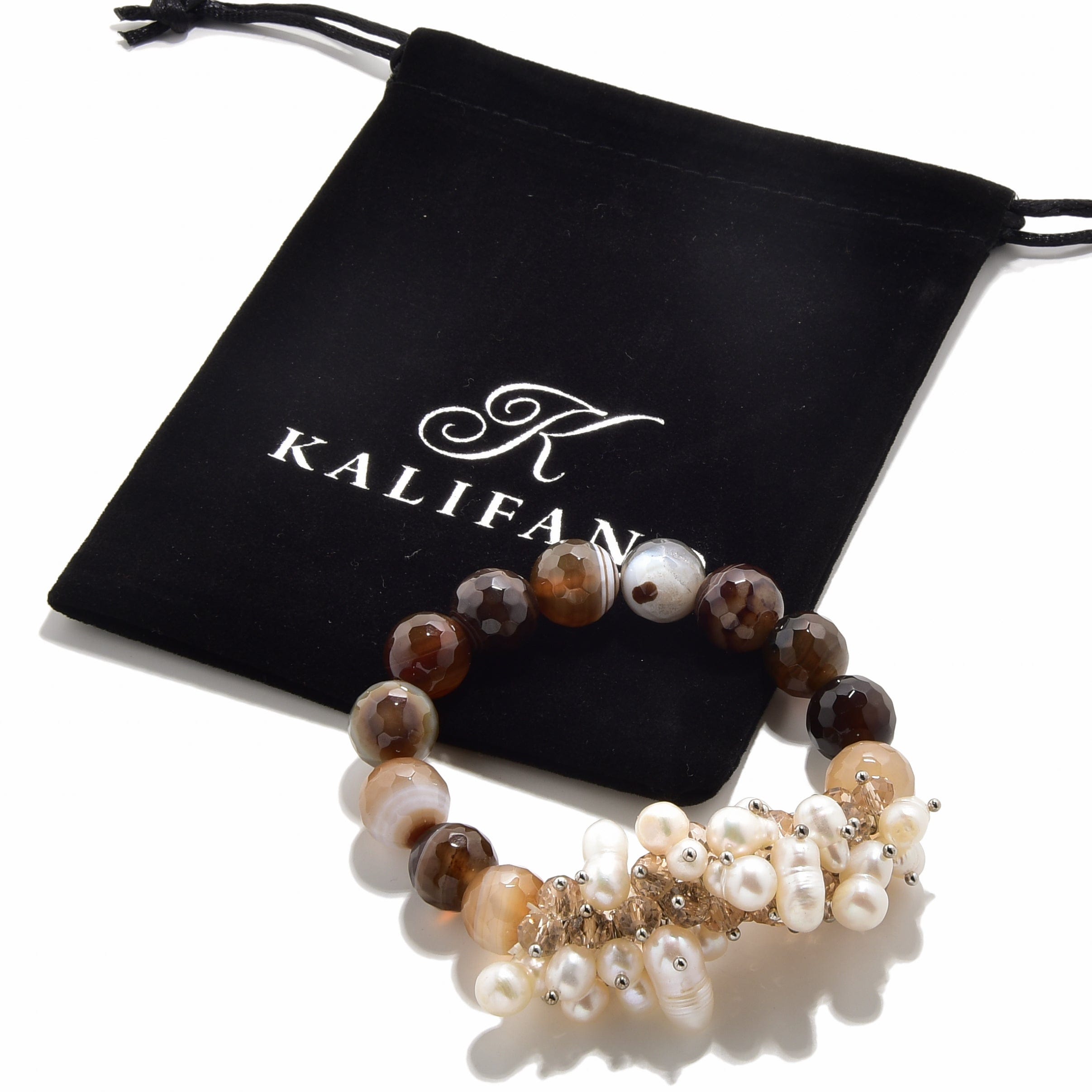 Kalifano Gemstone Bracelets Faceted Coffee Agate & Freshwater Pearls 12mm Gemstone Bead Elastic Bracelet GOLD-BGP-PCE