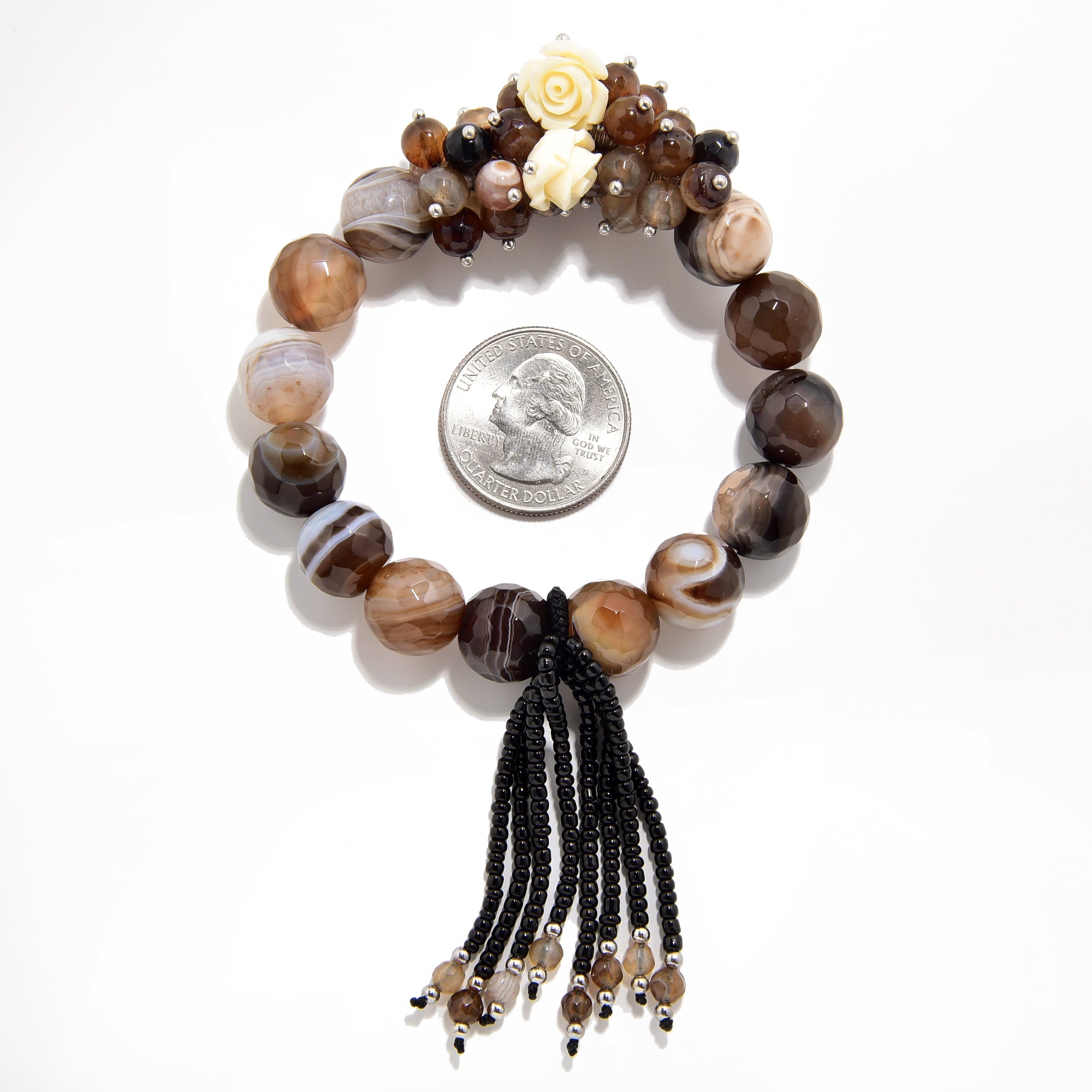 Kalifano Gemstone Bracelets Faceted Coffee Agate with Flower Accents 12mm Gemstone Bead Elastic Bracelet GOLD-BGP-FCE