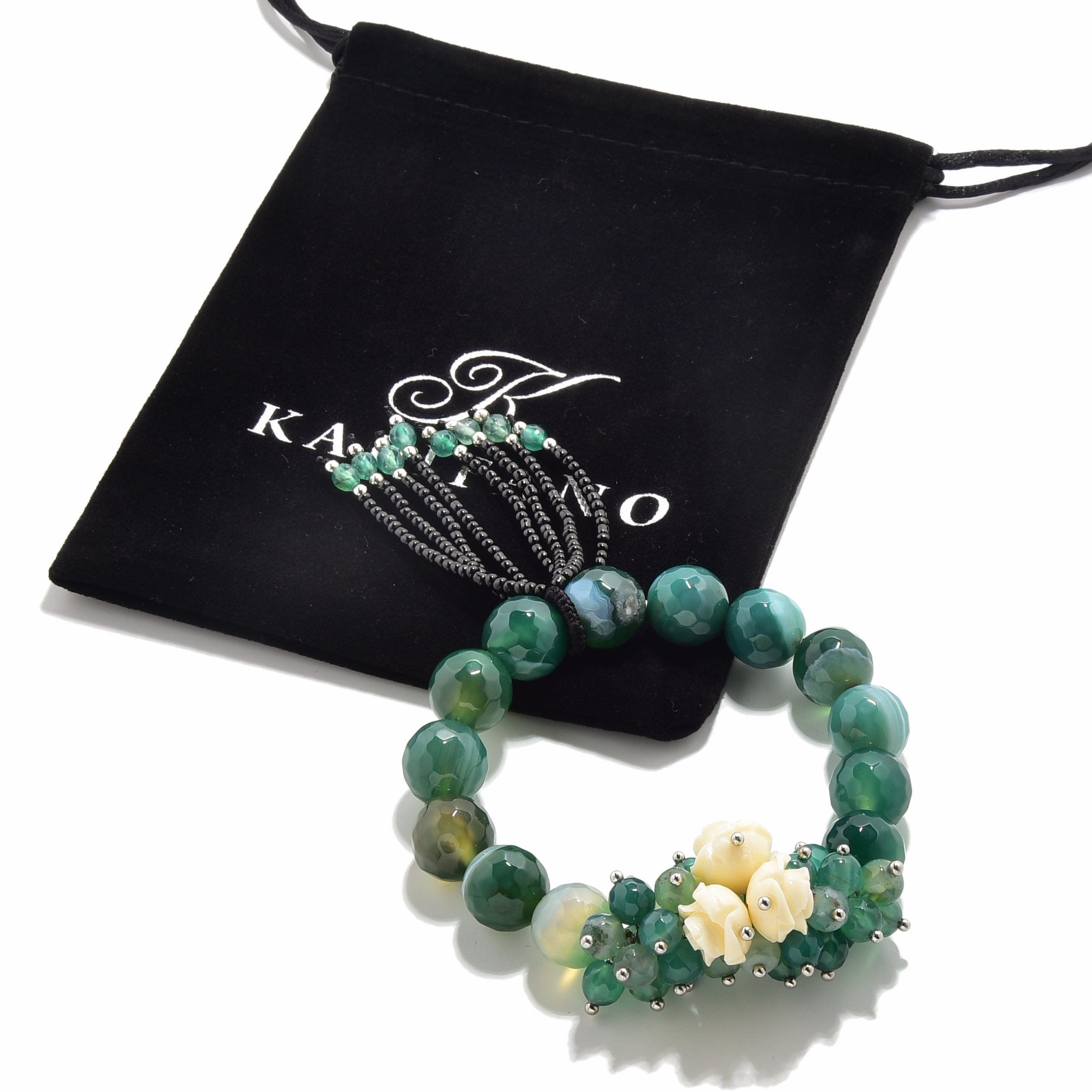 Kalifano Gemstone Bracelets Faceted Green Agate with Flower Accents 12mm Gemstone Bead Elastic Bracelet GOLD-BGP-FGN