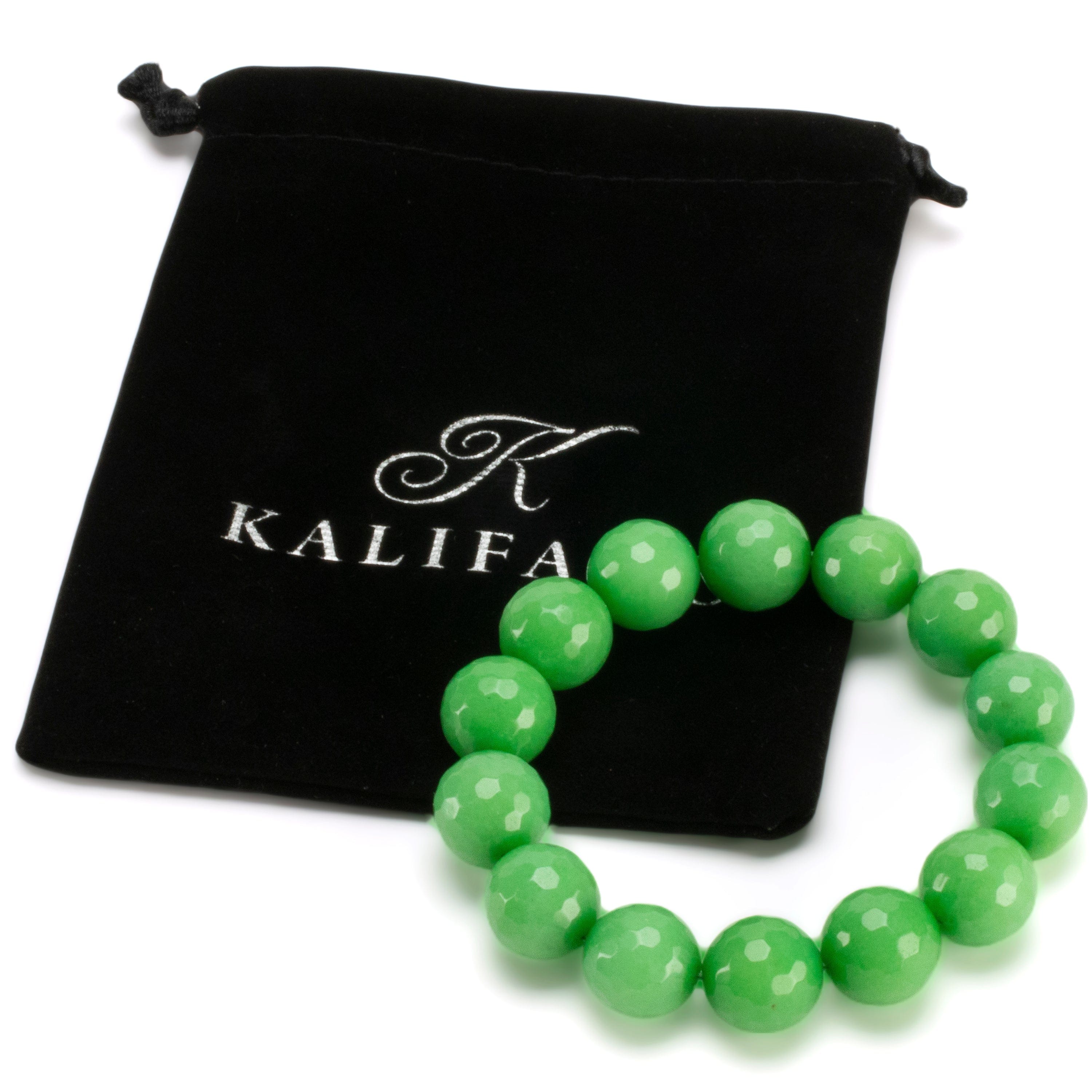 Kalifano Gemstone Bracelets Faceted Green Color Enhanced Jade 14mm Gemstone Bead Elastic Bracelet RED-BGP-061