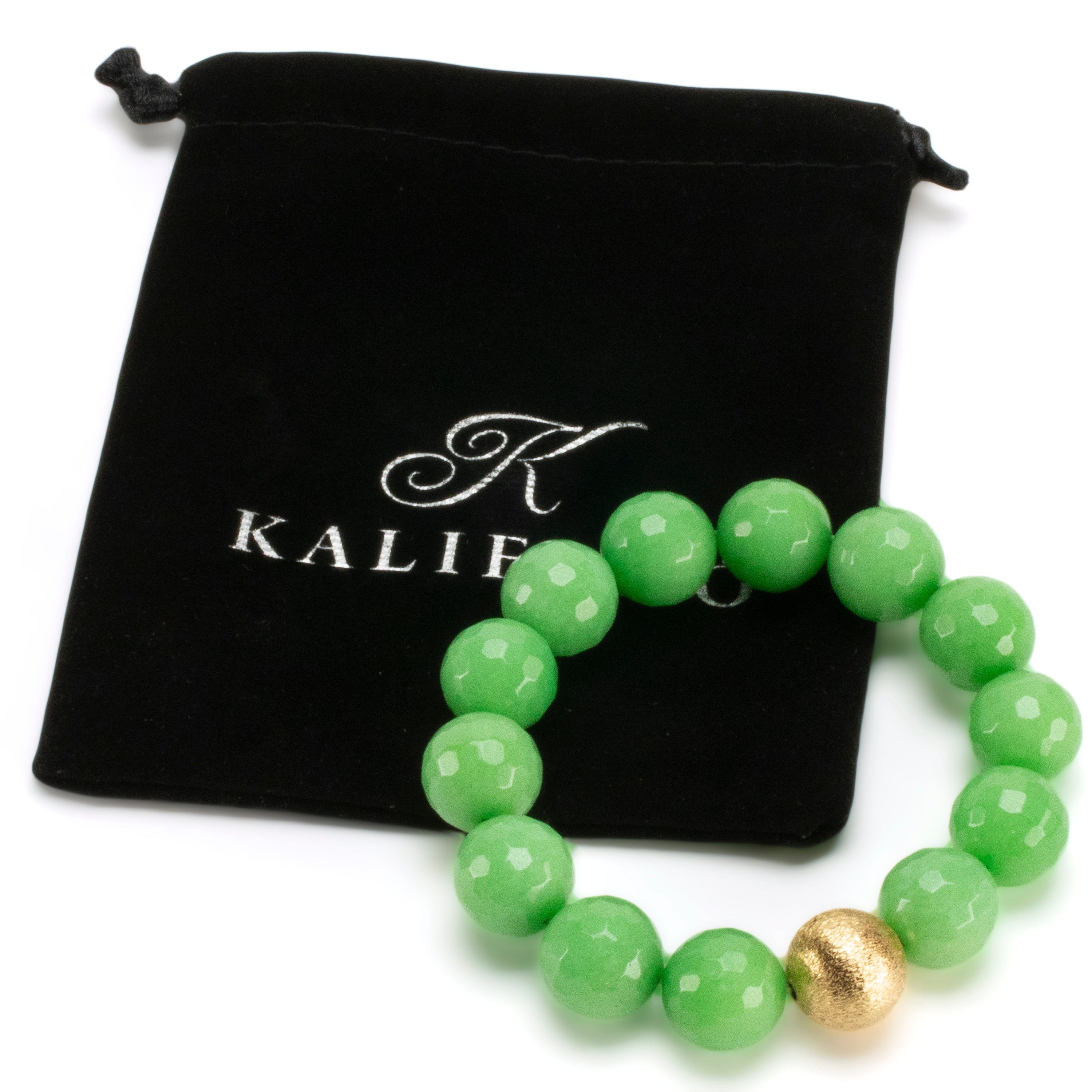 Kalifano Gemstone Bracelets Faceted Green Color Enhanced Jade with Gold Accent Bead Gemstone Elastic Bracelet RED-BGP-060