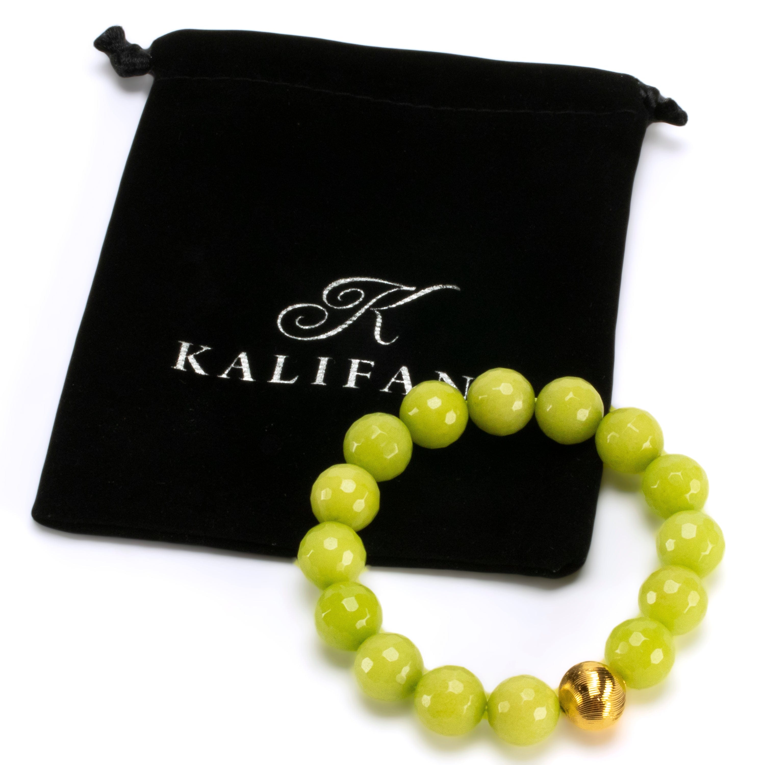 Kalifano Gemstone Bracelets Faceted Light Green Color Enhanced Jade with Gold Crystal Accent Bead Gemstone Elastic Bracelet RED-BGP-066