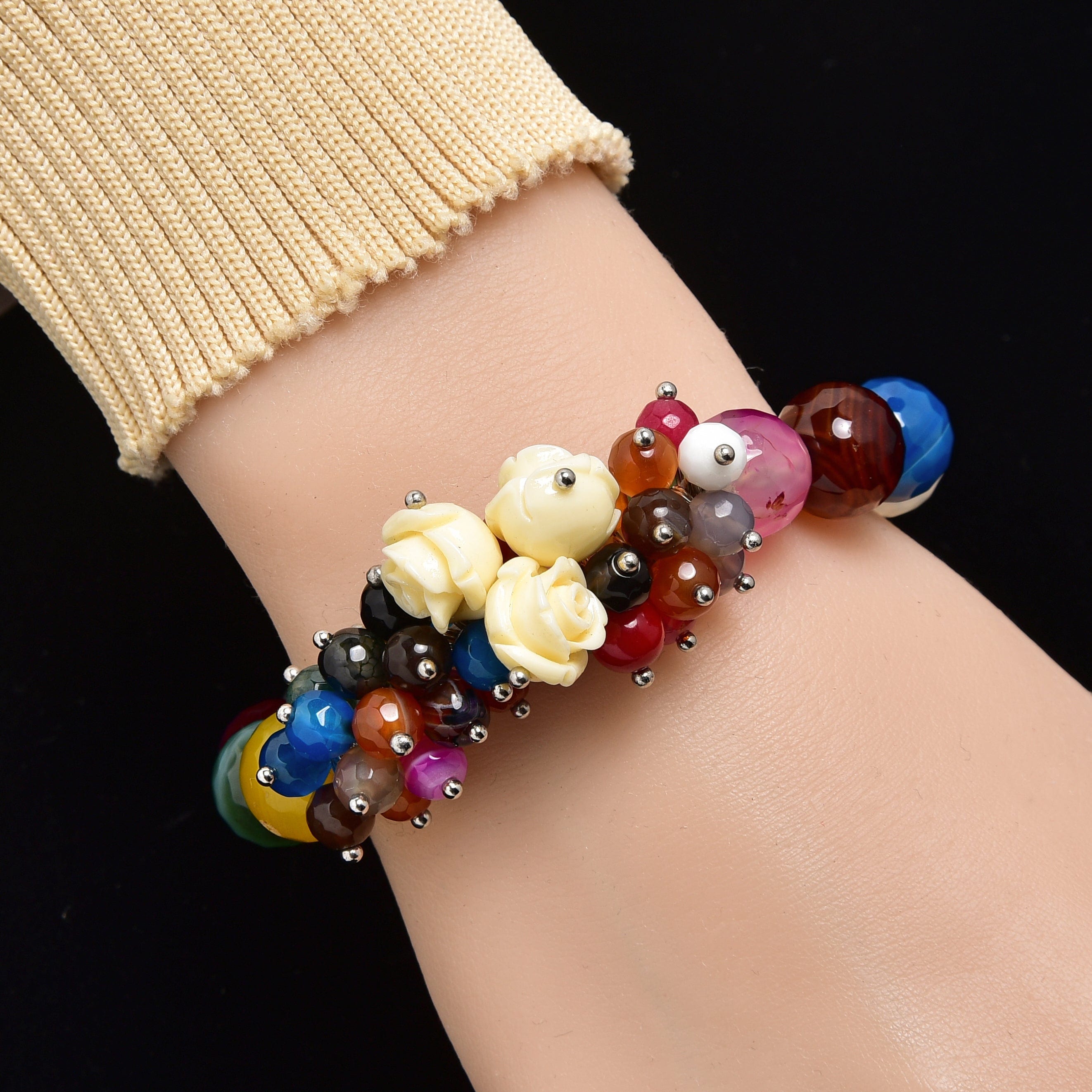 Kalifano Gemstone Bracelets Faceted Multicolor Agate with Flower Accents 12mm Gemstone Bead Elastic Bracelet GOLD-BGP-FMT