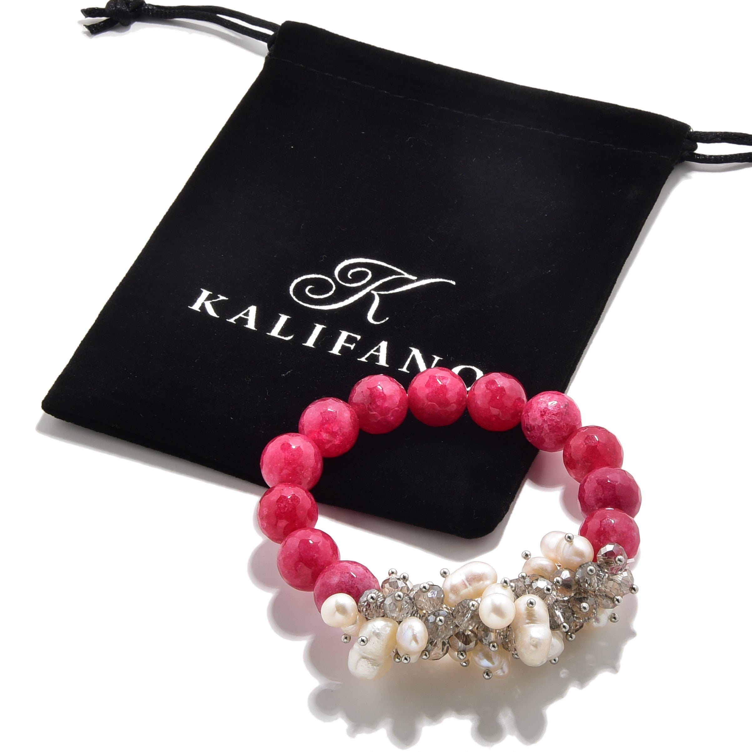 Kalifano Gemstone Bracelets Faceted Pink Agate & Freshwater Pearls 12mm Gemstone Bead Elastic Bracelet GOLD-BGP-PPK