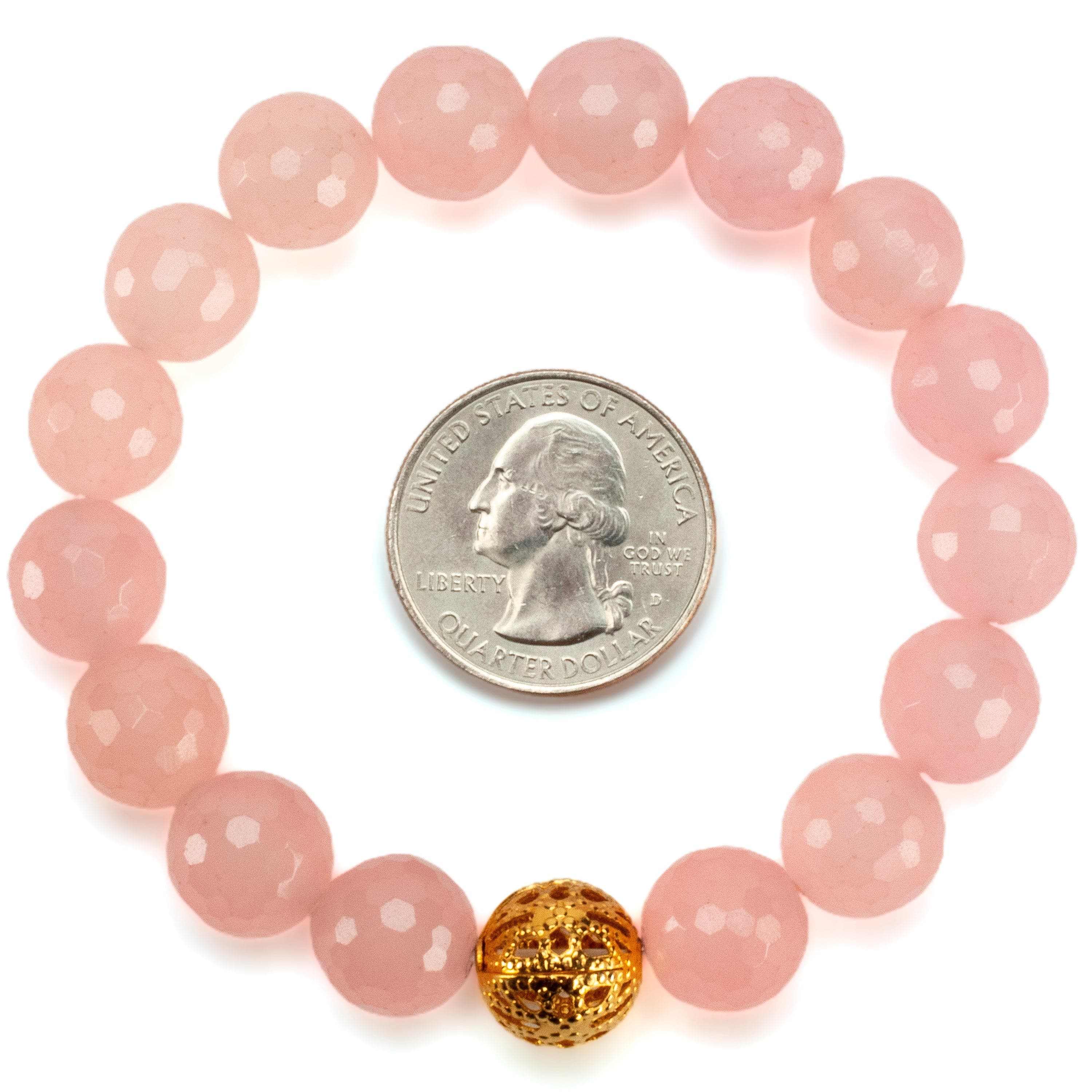 Kalifano Gemstone Bracelets Faceted Rose Quartz 12mm Gemstone Bead Elastic Bracelet with Gold Accent Bead GOLD-BGP-087