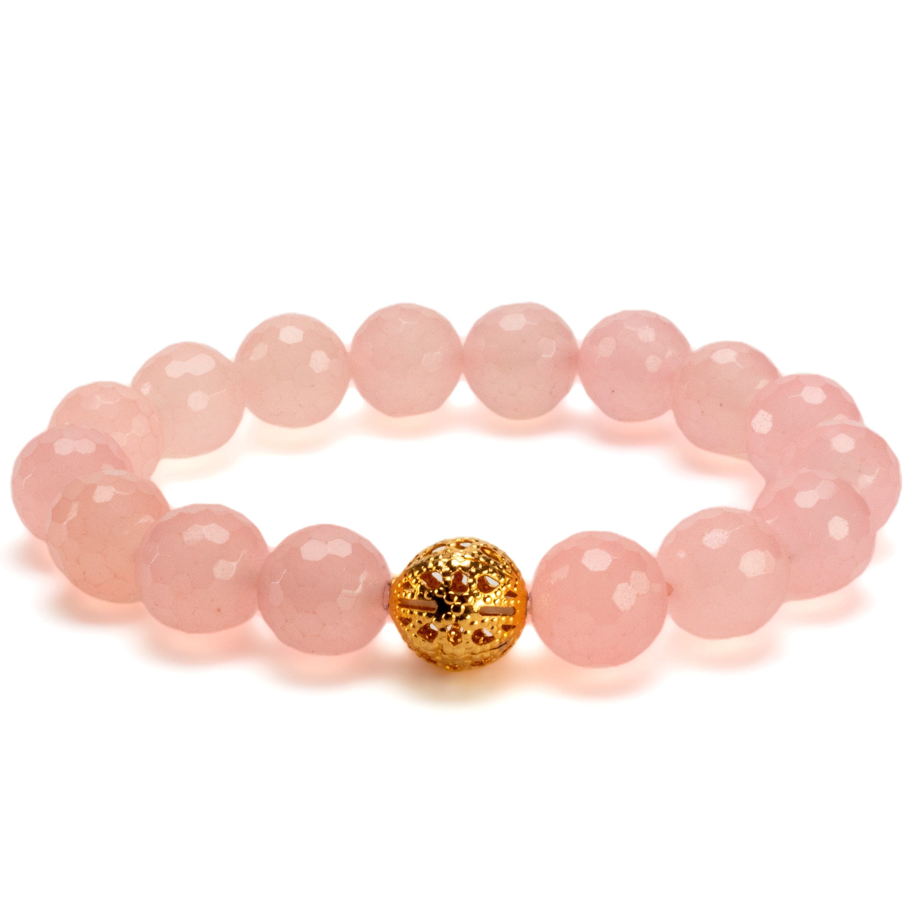 Kalifano Gemstone Bracelets Faceted Rose Quartz 12mm Gemstone Bead Elastic Bracelet with Gold Accent Bead GOLD-BGP-087