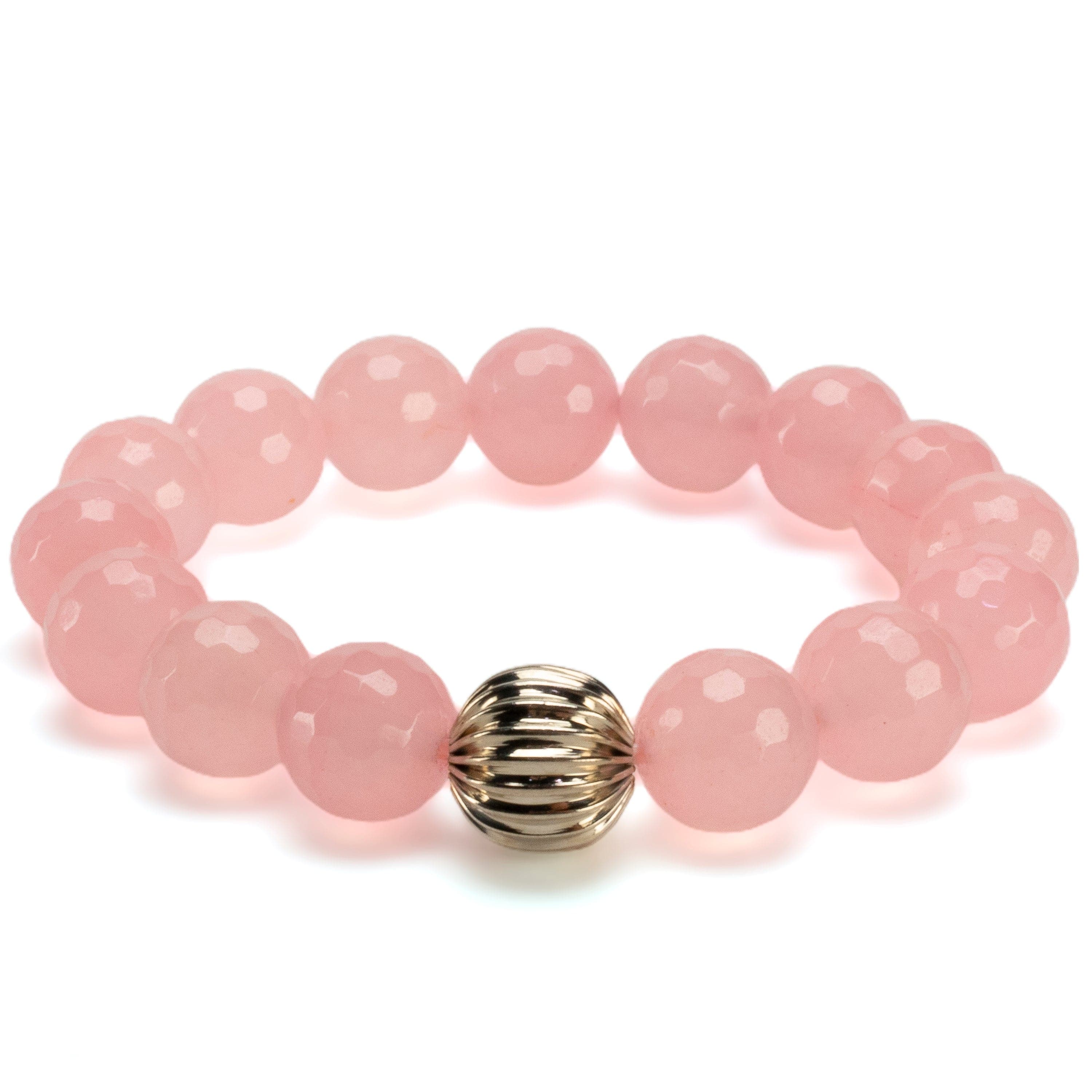 Kalifano Gemstone Bracelets Faceted Rose Quartz 12mm Gemstone Bead Elastic Bracelet with Silver Accent Bead GOLD-BGP-084