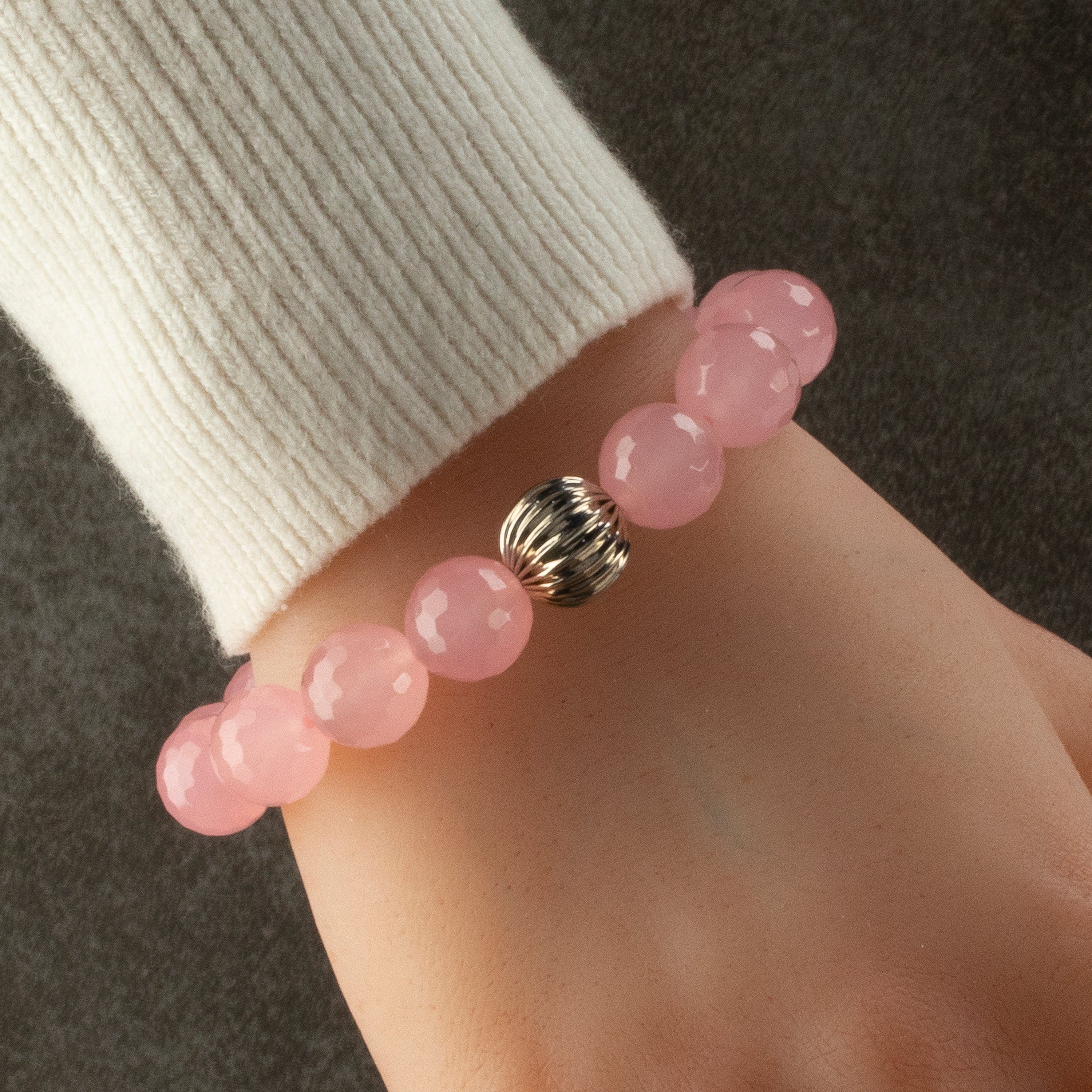 Kalifano Gemstone Bracelets Faceted Rose Quartz 12mm Gemstone Bead Elastic Bracelet with Silver Accent Bead GOLD-BGP-084