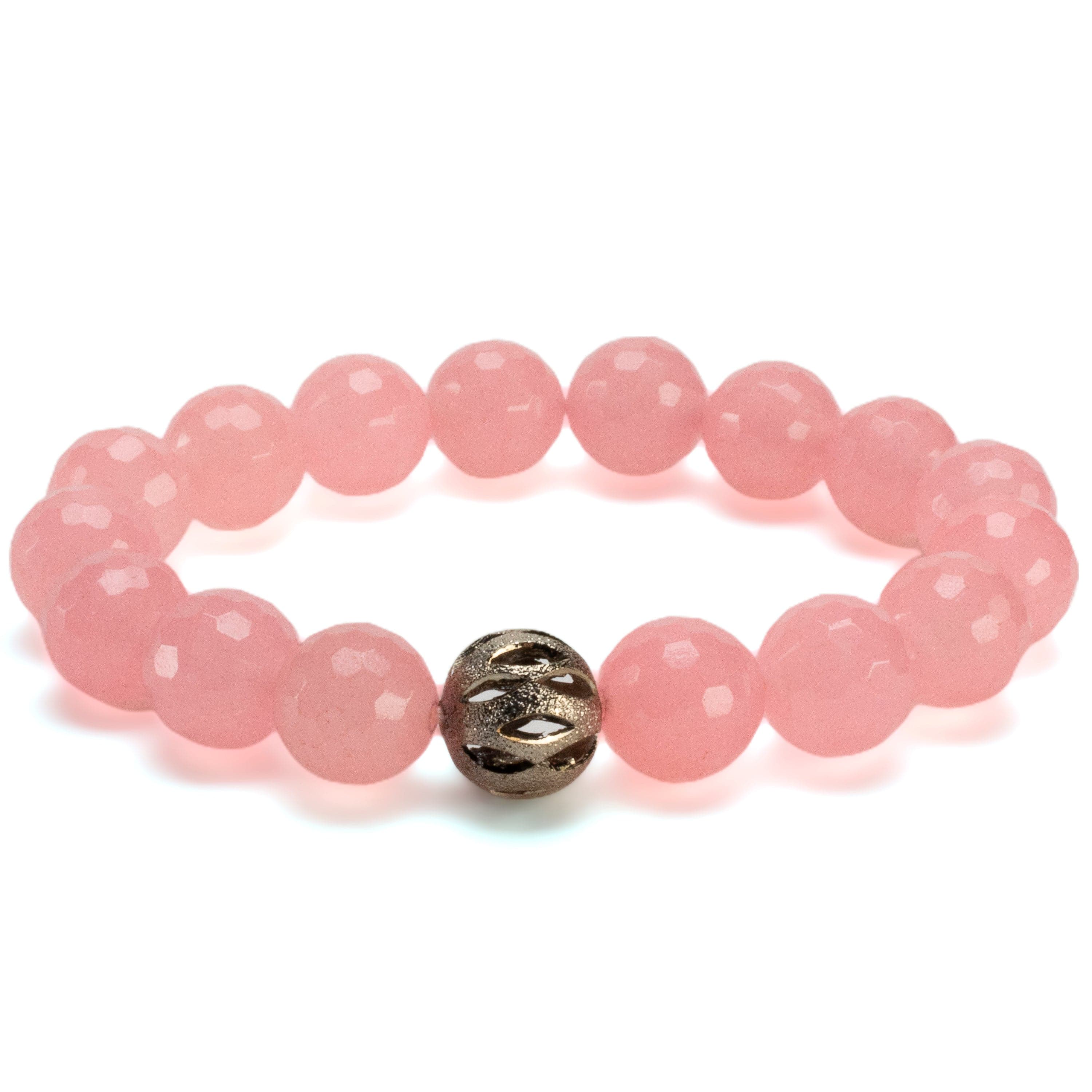 Kalifano Gemstone Bracelets Faceted Rose Quartz 12mm Gemstone Bead Elastic Bracelet with Silver Accent Bead GOLD-BGP-086