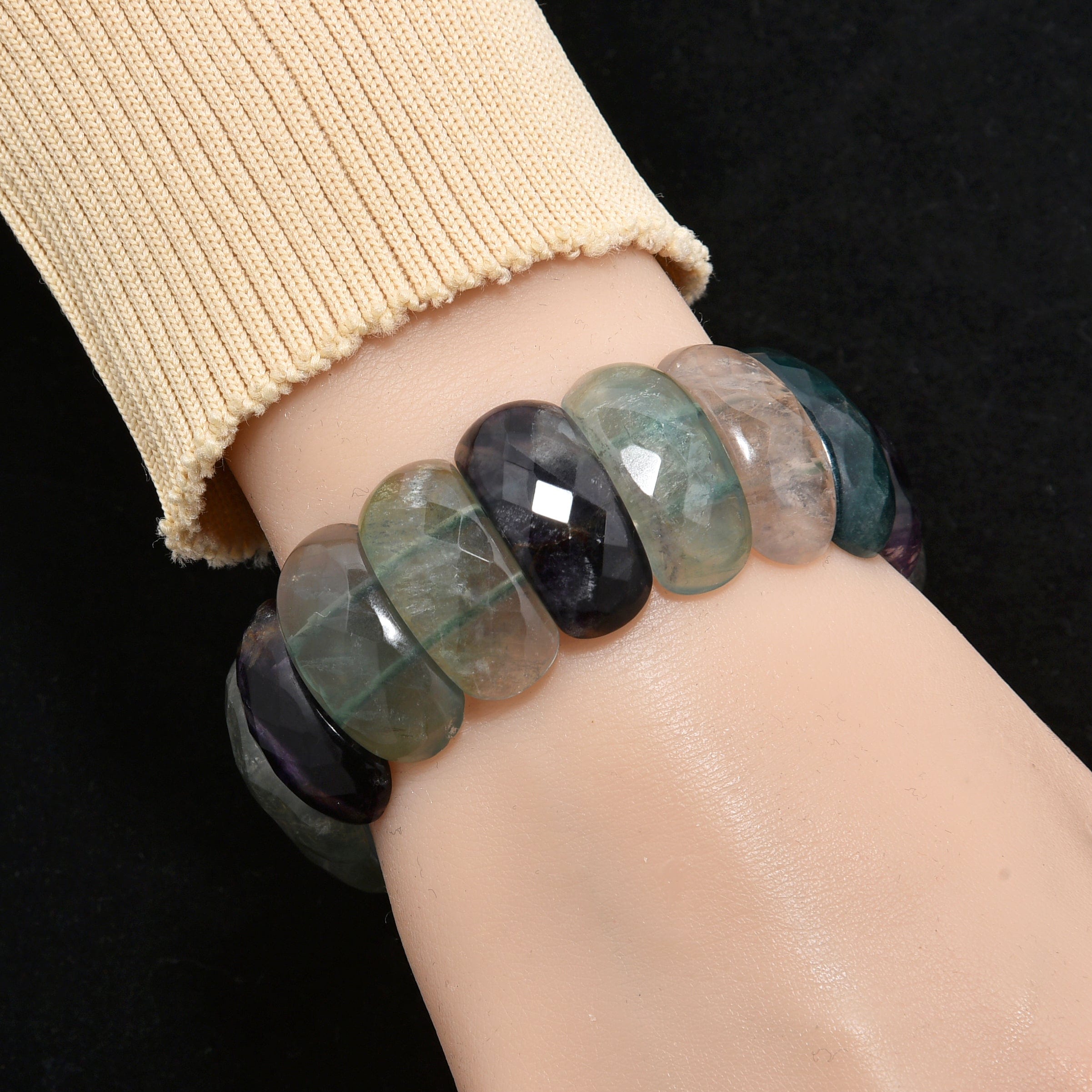 Kalifano Gemstone Bracelets Fluorite Faceted Gemstone Bead Elastic Bracelet