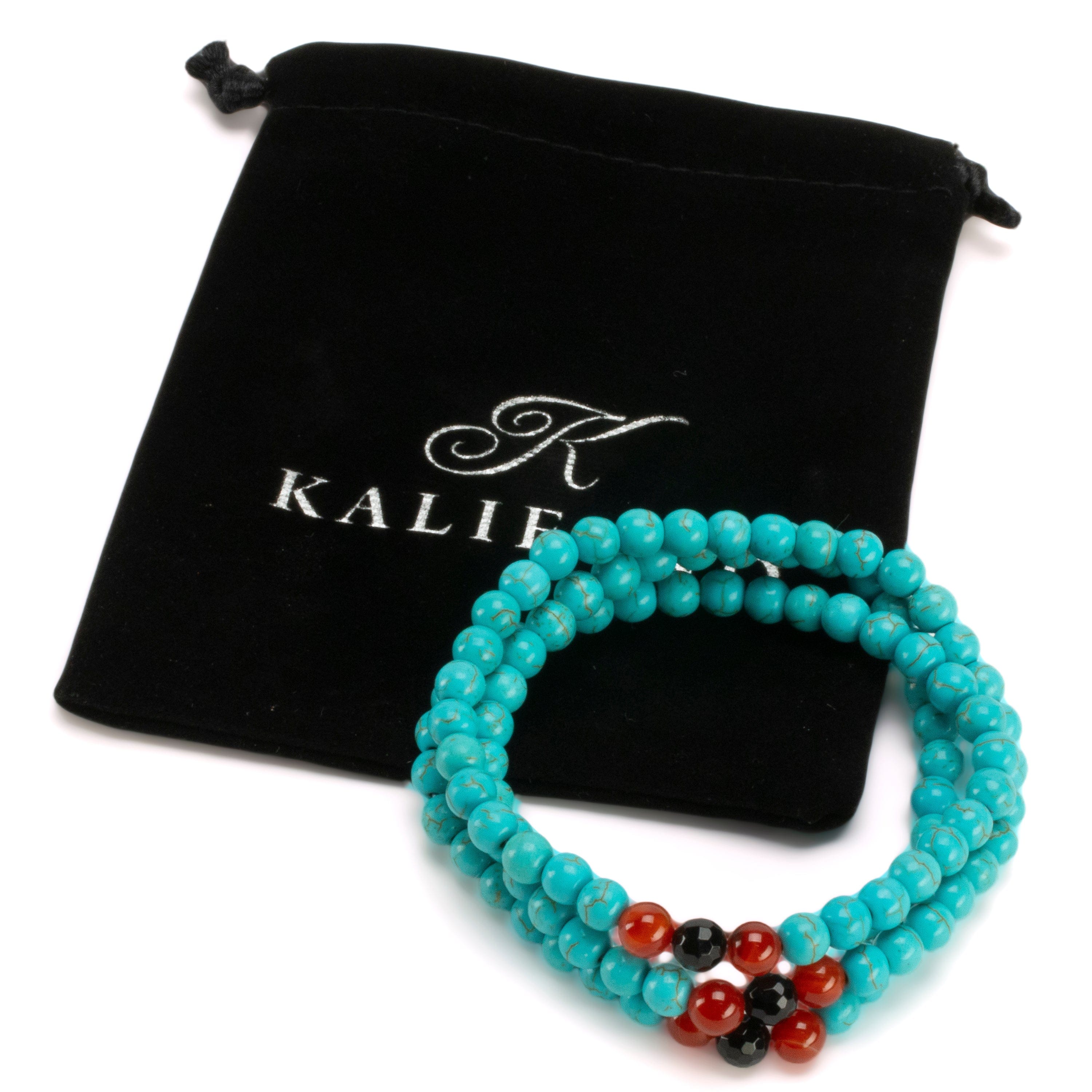 Kalifano Gemstone Bracelets Howlite Turquoise 6mm Beads with Black Agate & Carnelian Accent Beads Triple Wrap Gemstone Elastic Bracelet WHITE-BGI3-081