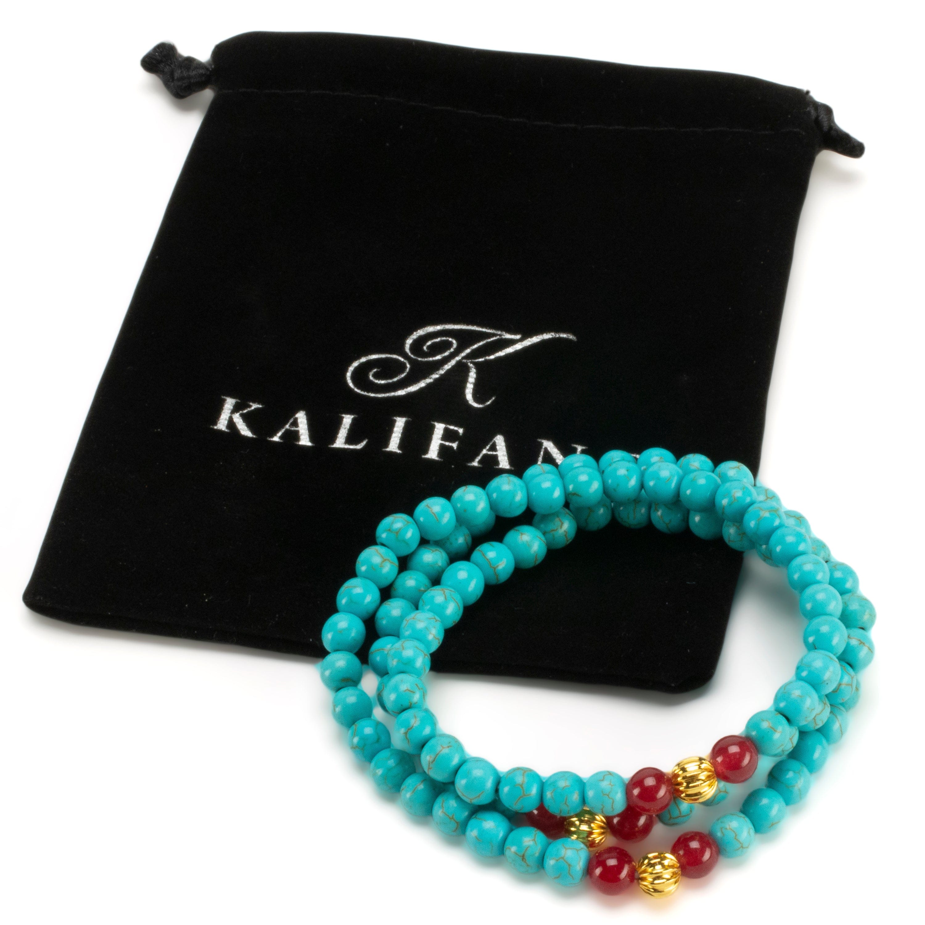 Kalifano Gemstone Bracelets Howlite Turquoise 6mm Beads with Red Agate & Gold Accent Beads Triple Wrap Gemstone Elastic Bracelet WHITE-BGI3-086