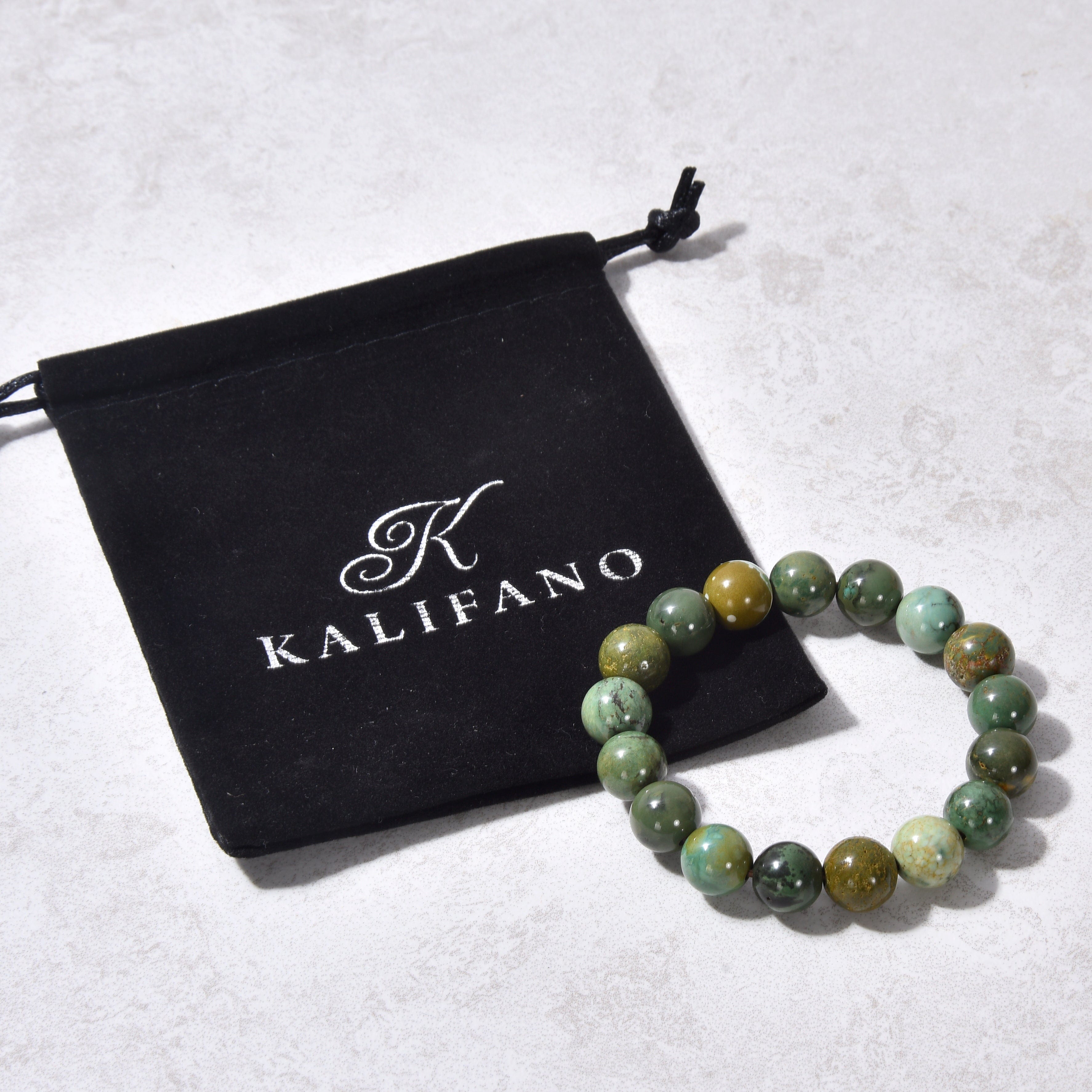 KALIFANO Gemstone Bracelets Mongolian Turquoise 10mm Tibet Bead Gemstone Elastic Bracelet