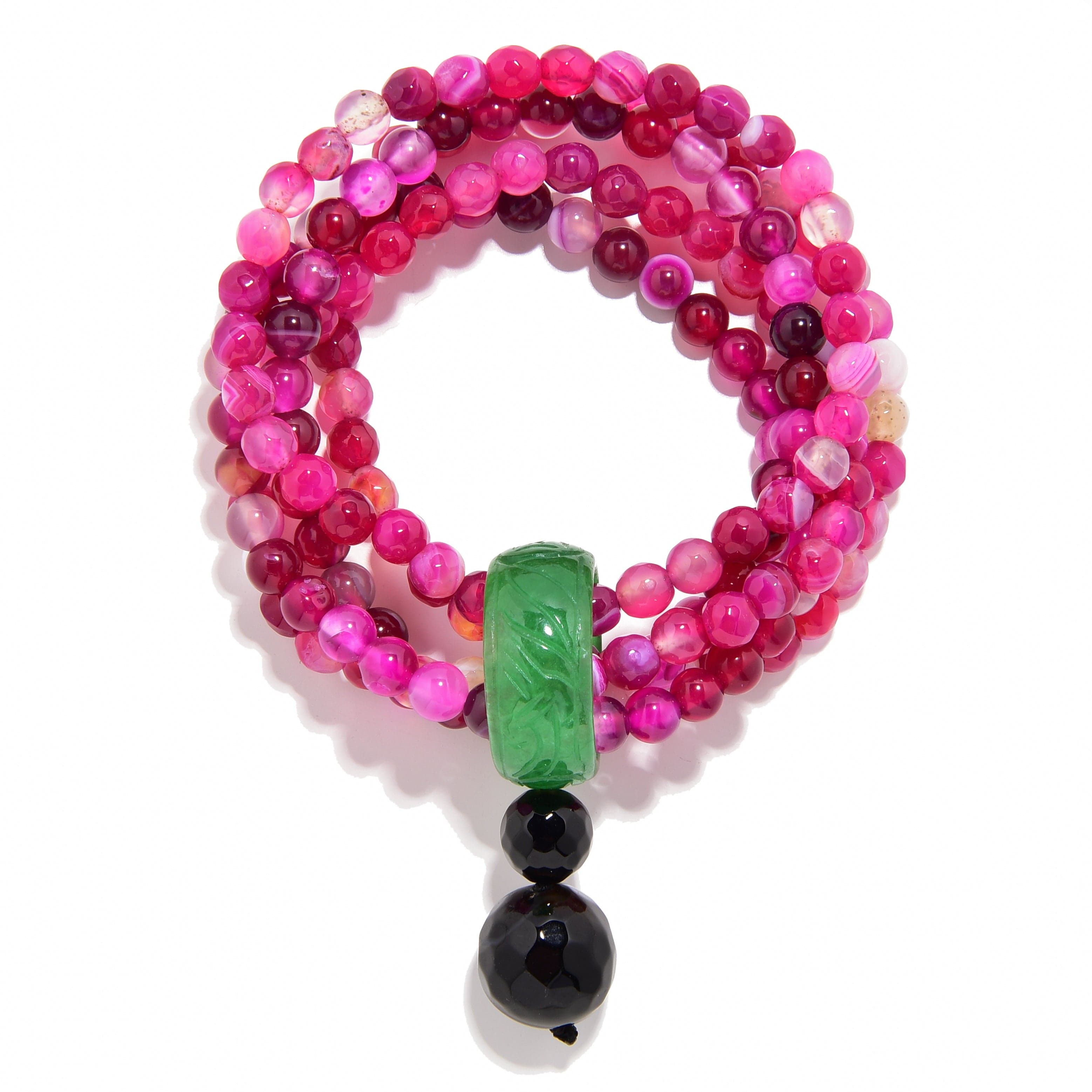 Kalifano Gemstone Bracelets Pink Agate 6mm Beads with Jade Ring Gemstone Elastic Bracelet PLAT-BGP-JRPK