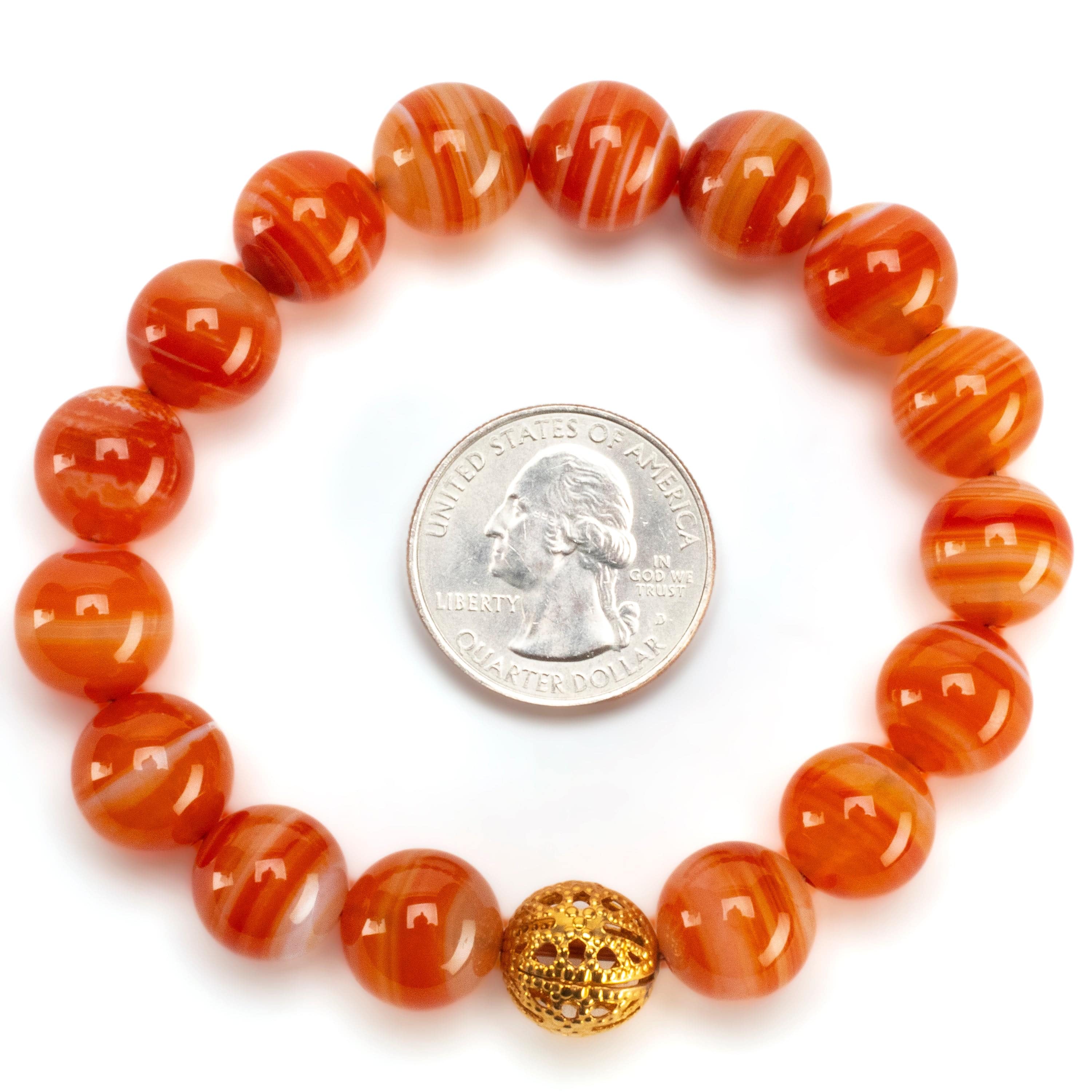 Kalifano Gemstone Bracelets Polished Banded Carnelian 12mm Gemstone Bead Elastic Bracelet with Gold Accent Bead GOLD-BGP-071