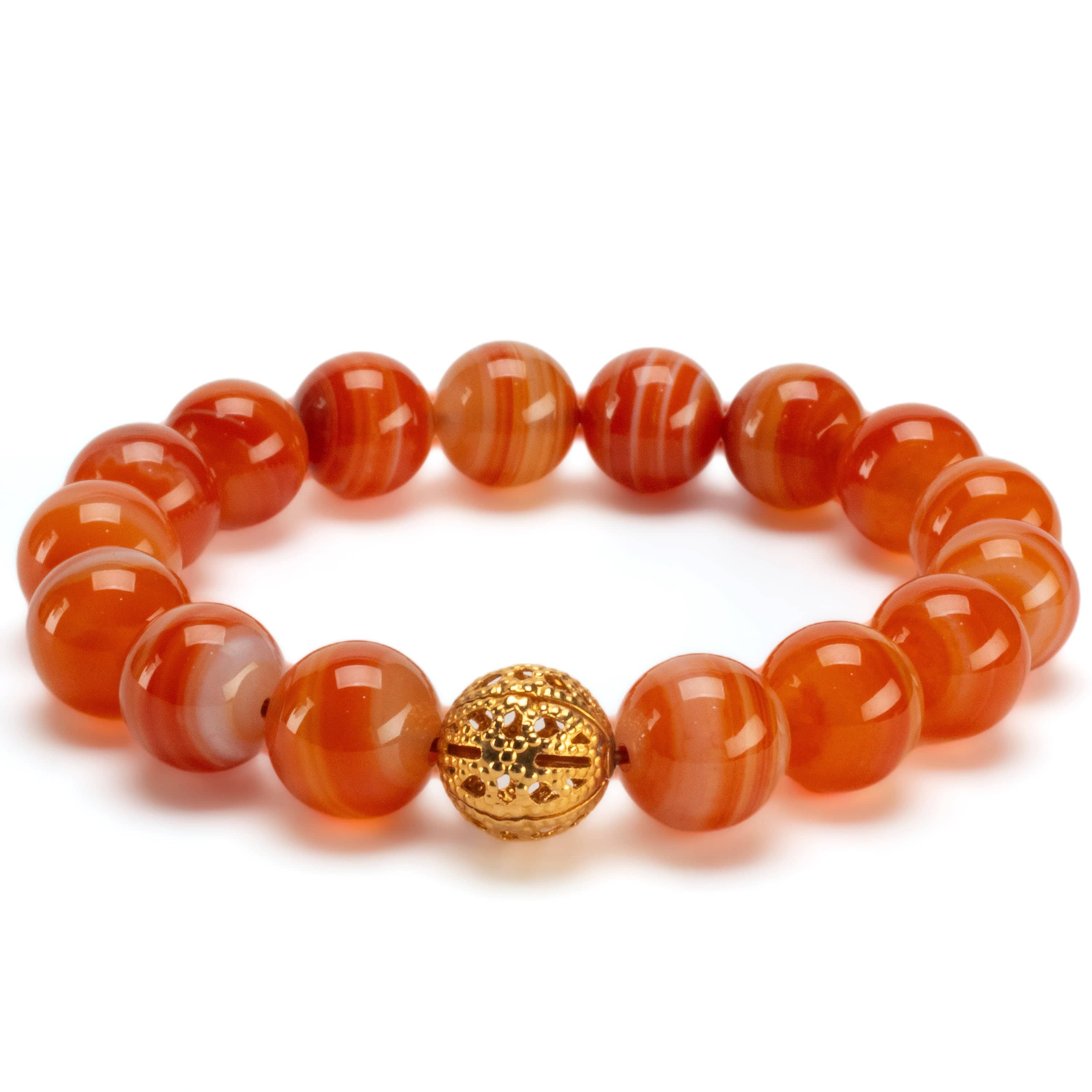 Kalifano Gemstone Bracelets Polished Banded Carnelian 12mm Gemstone Bead Elastic Bracelet with Gold Accent Bead GOLD-BGP-071