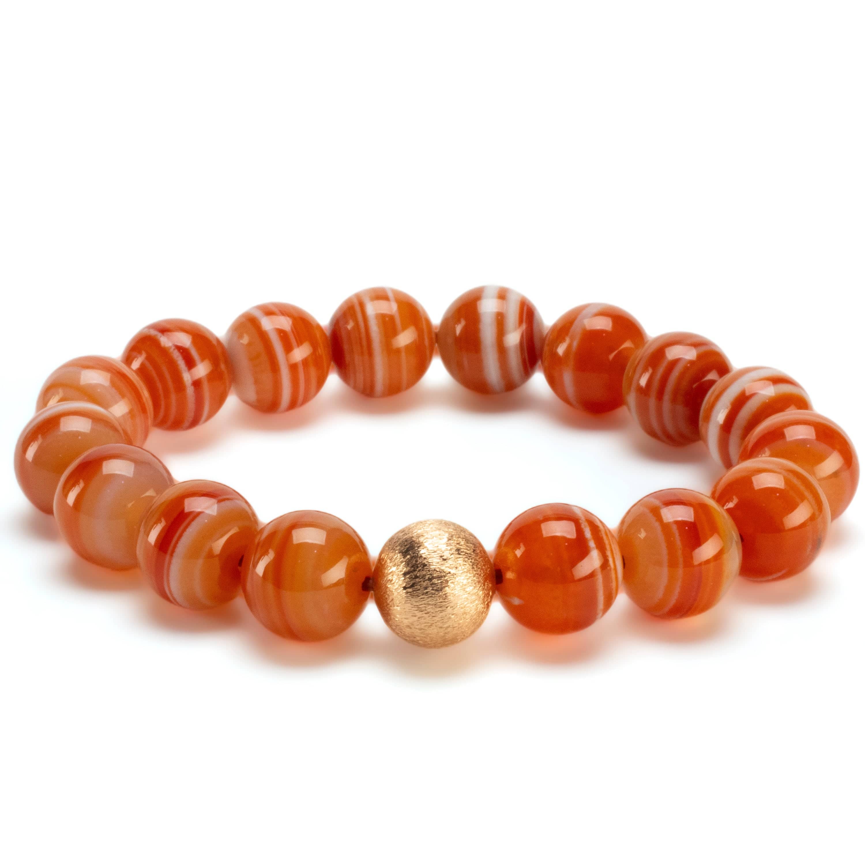 Kalifano Gemstone Bracelets Polished Banded Carnelian 12mm Gemstone Bead Elastic Bracelet with Matte Gold Accent Bead GOLD-BGP-073