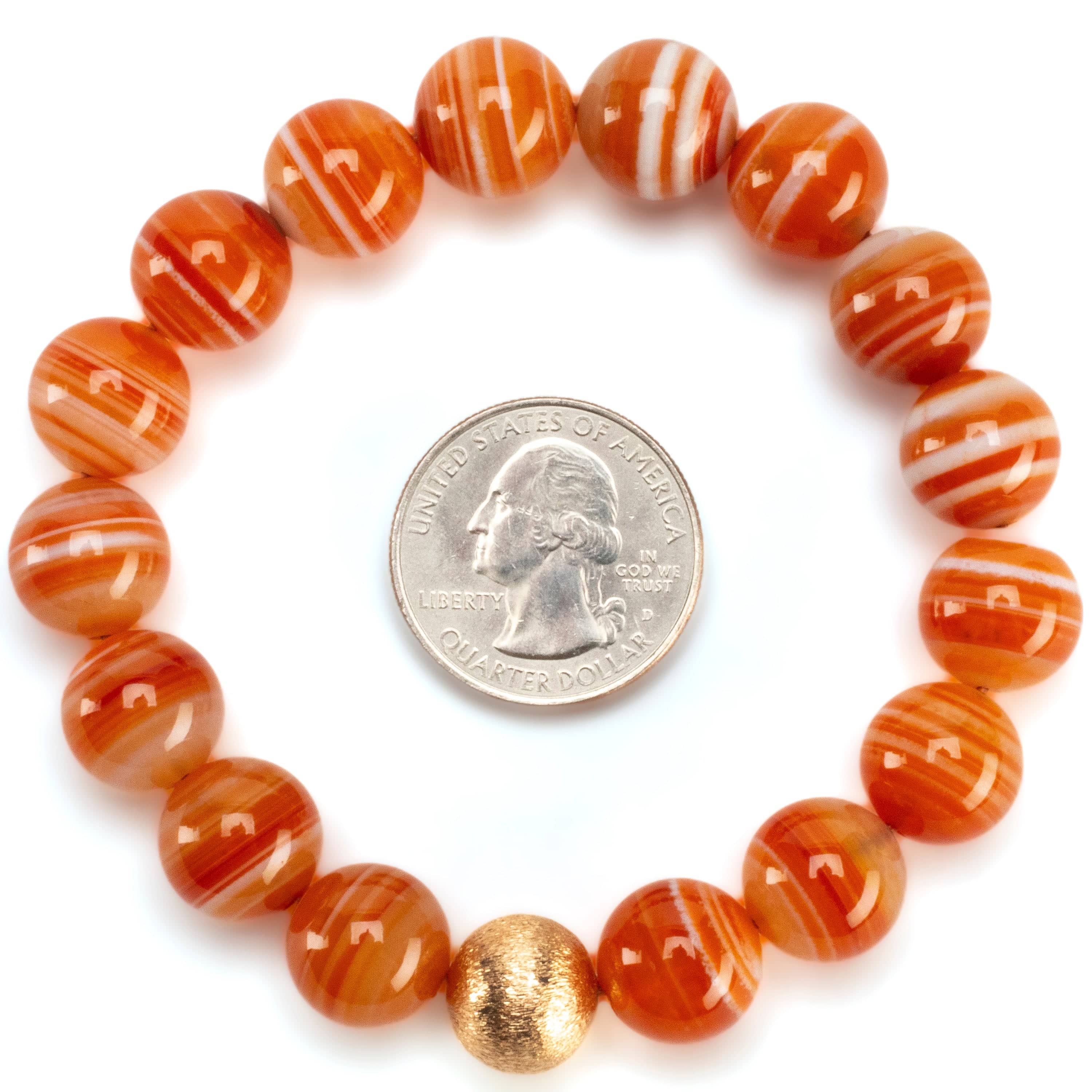 Kalifano Gemstone Bracelets Polished Banded Carnelian 12mm Gemstone Bead Elastic Bracelet with Matte Gold Accent Bead GOLD-BGP-073