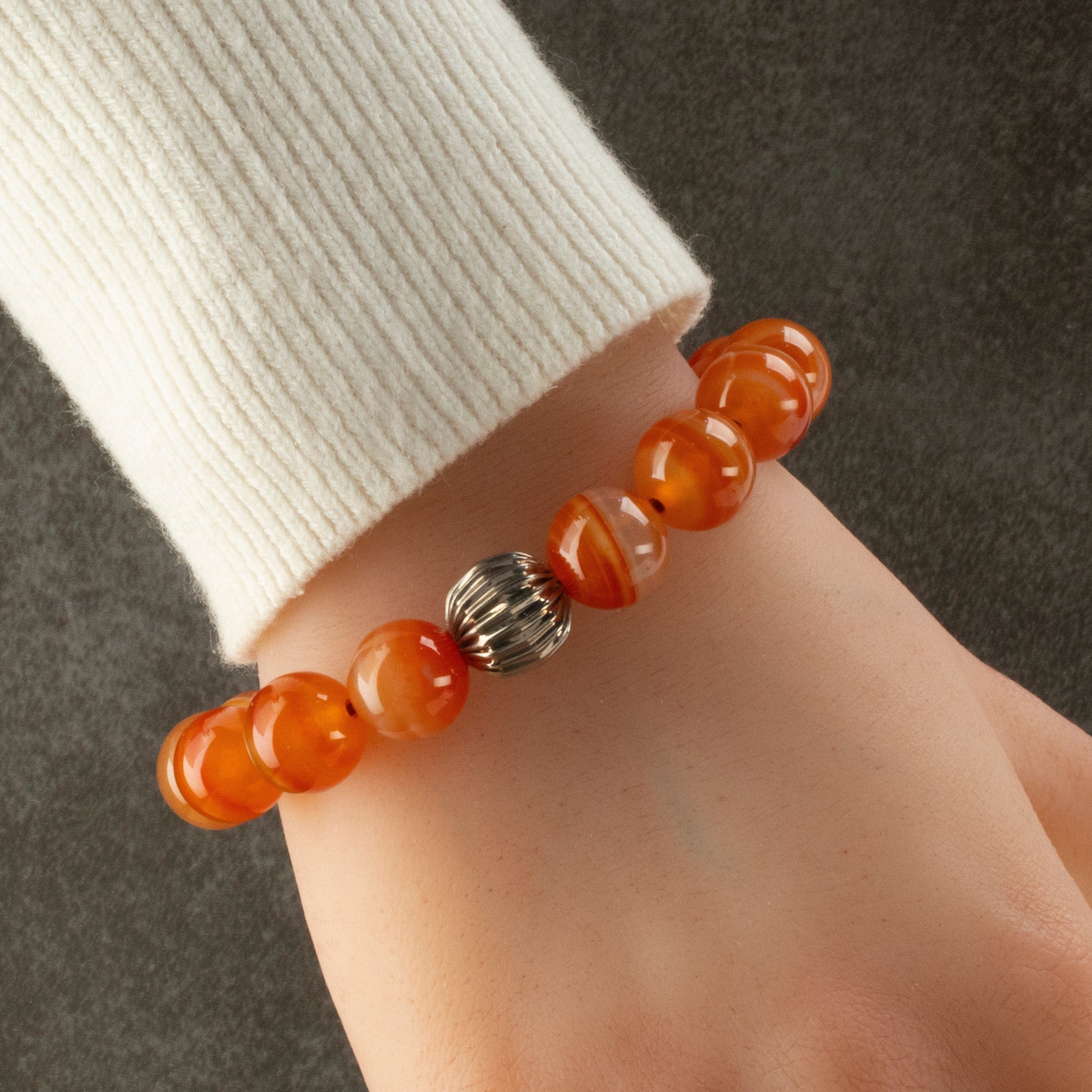 Kalifano Gemstone Bracelets Polished Banded Carnelian 12mm Gemstone Bead Elastic Bracelet with Silver Accent Bead GOLD-BGP-068