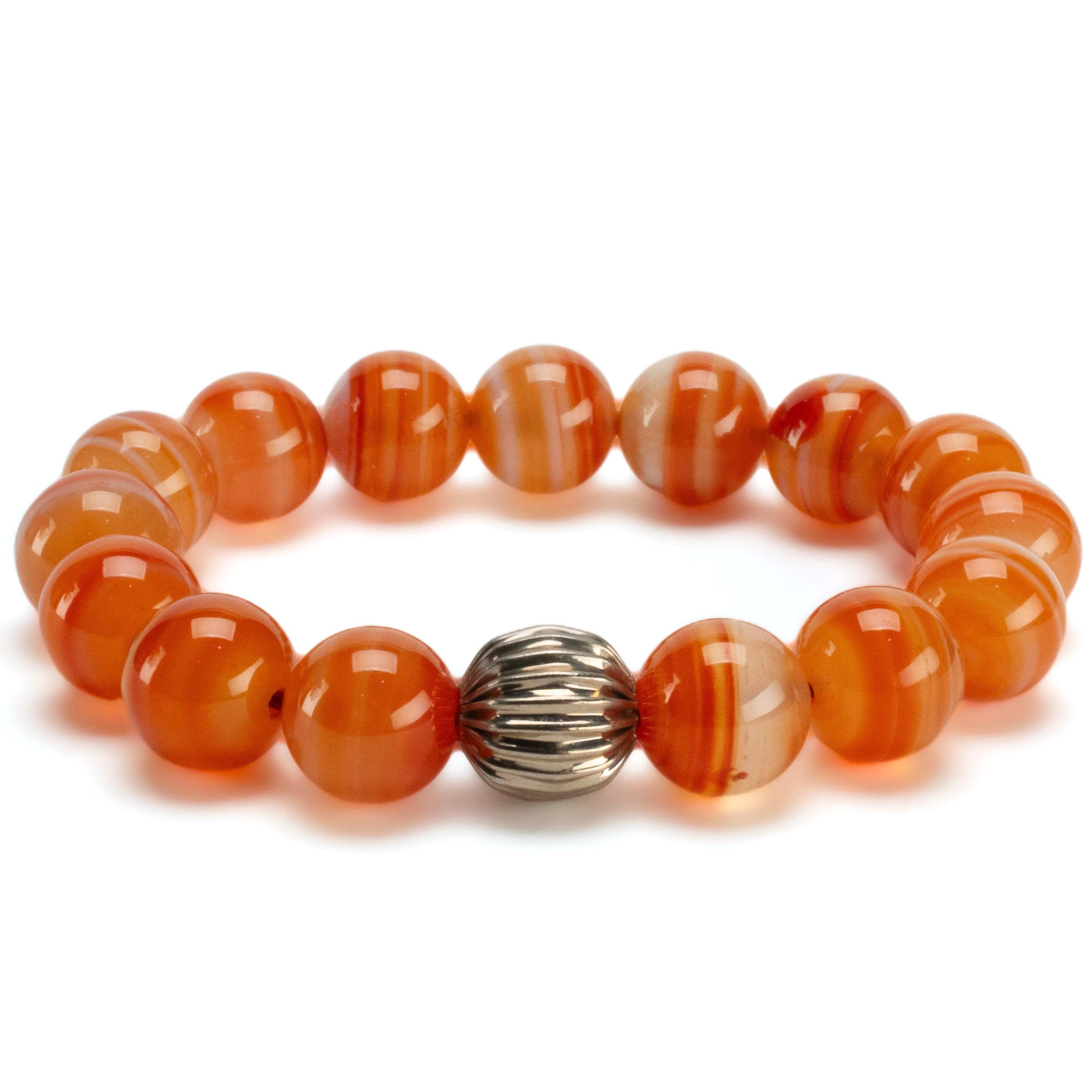 Kalifano Gemstone Bracelets Polished Banded Carnelian 12mm Gemstone Bead Elastic Bracelet with Silver Accent Bead GOLD-BGP-068