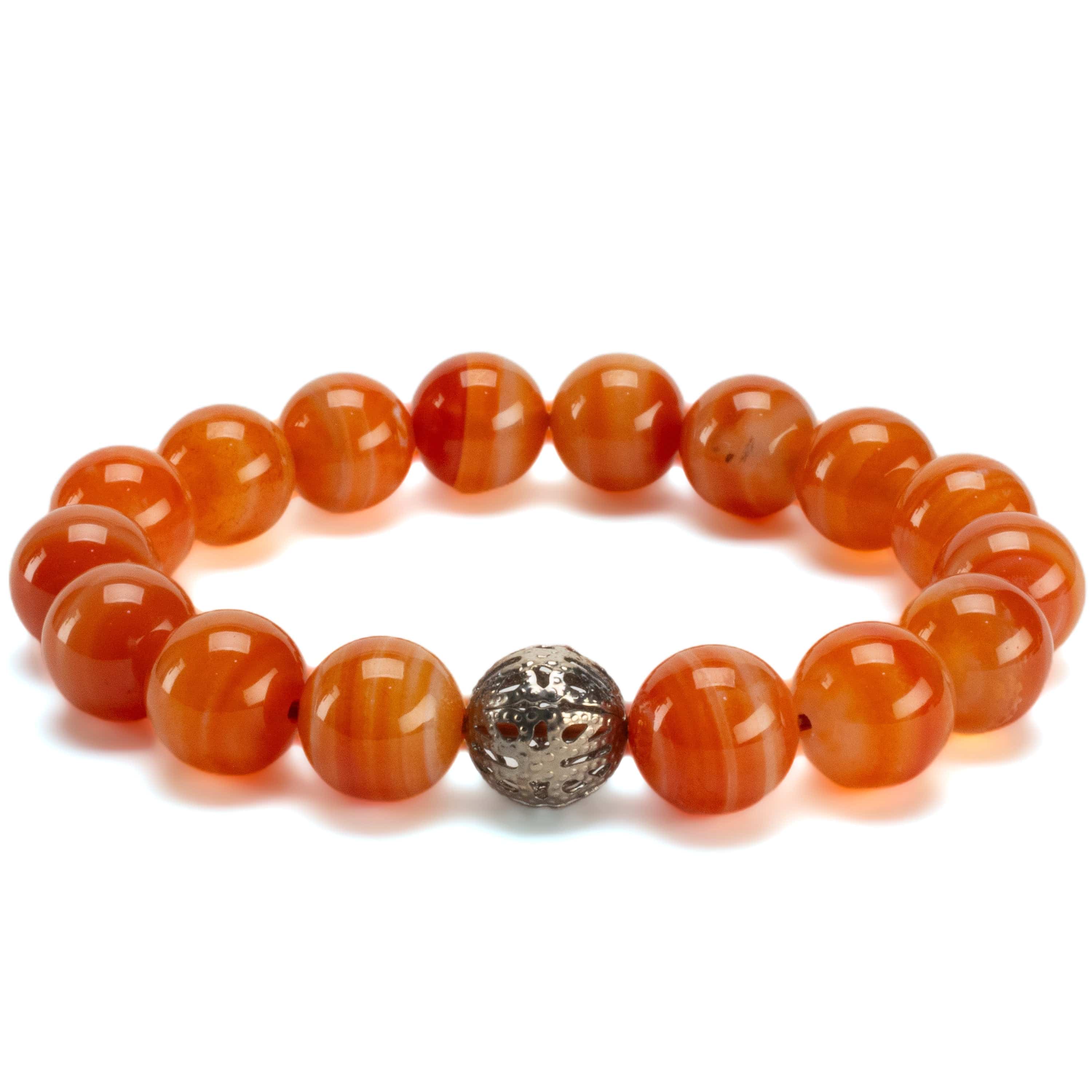 Kalifano Gemstone Bracelets Polished Banded Carnelian 12mm Gemstone Bead Elastic Bracelet with Silver Accent Bead GOLD-BGP-072