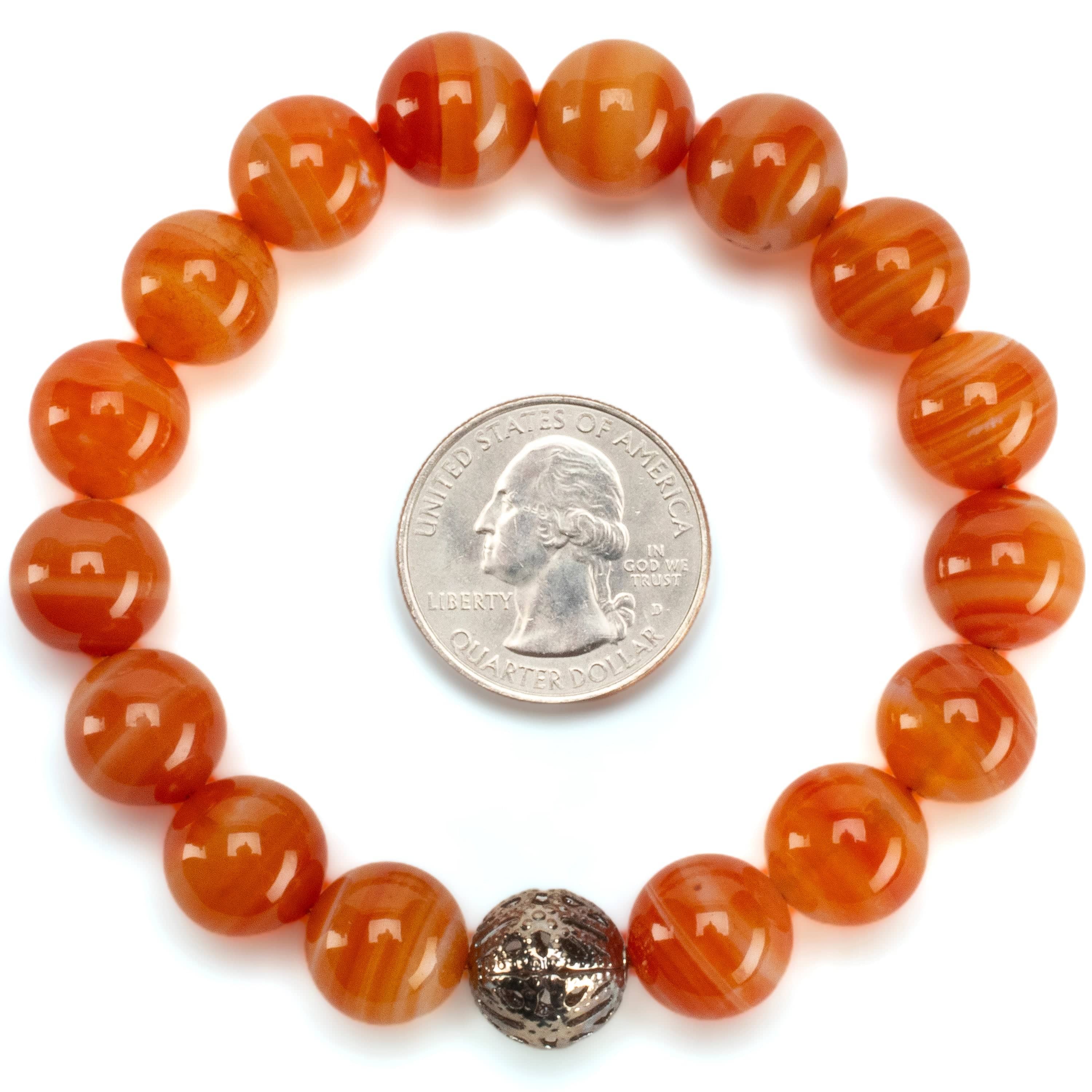 Kalifano Gemstone Bracelets Polished Banded Carnelian 12mm Gemstone Bead Elastic Bracelet with Silver Accent Bead GOLD-BGP-072