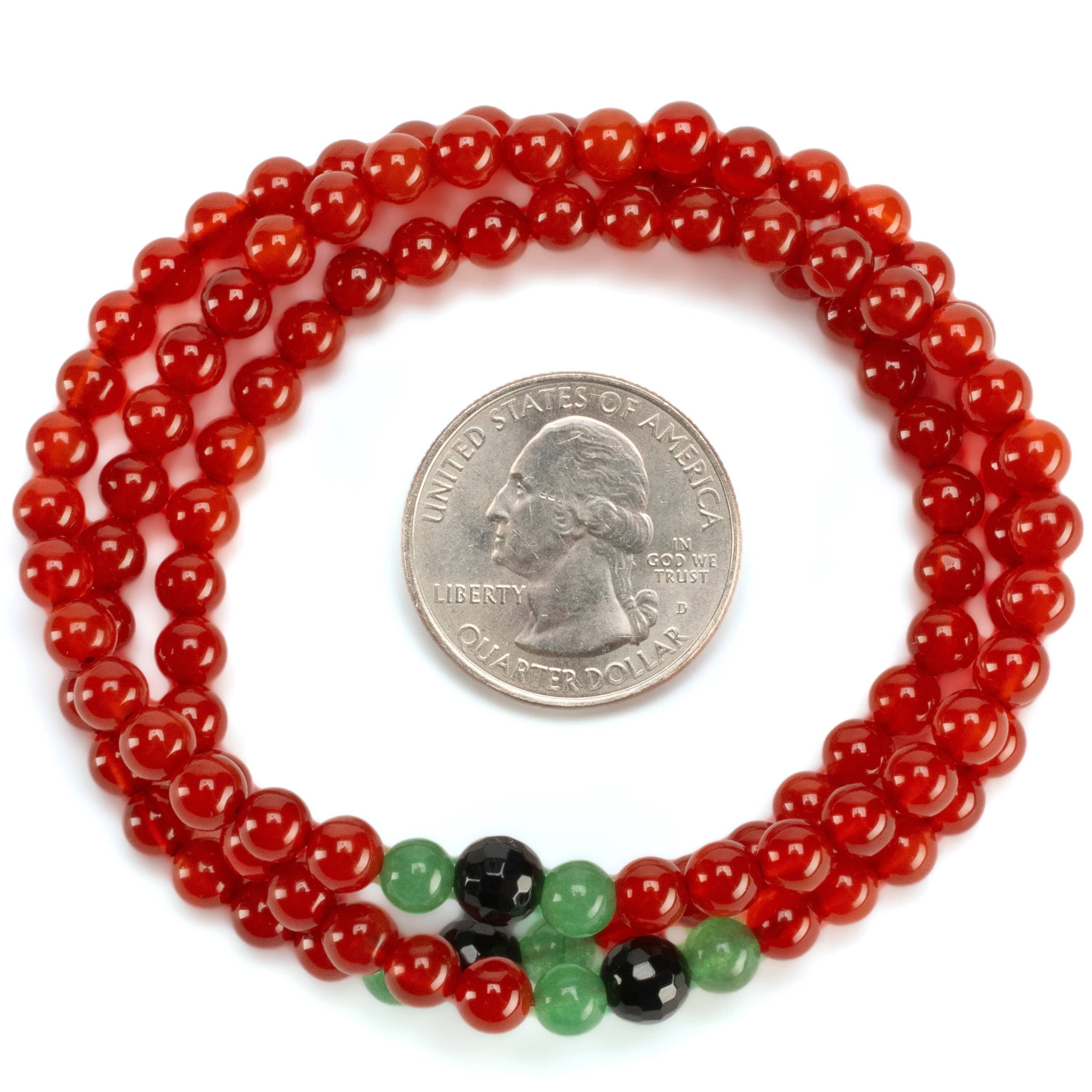 Kalifano Gemstone Bracelets Red Agate 6mm Beads with Aventurine & Black Agate Accent Beads Triple Wrap Gemstone Elastic Bracelet WHITE-BGI3-079