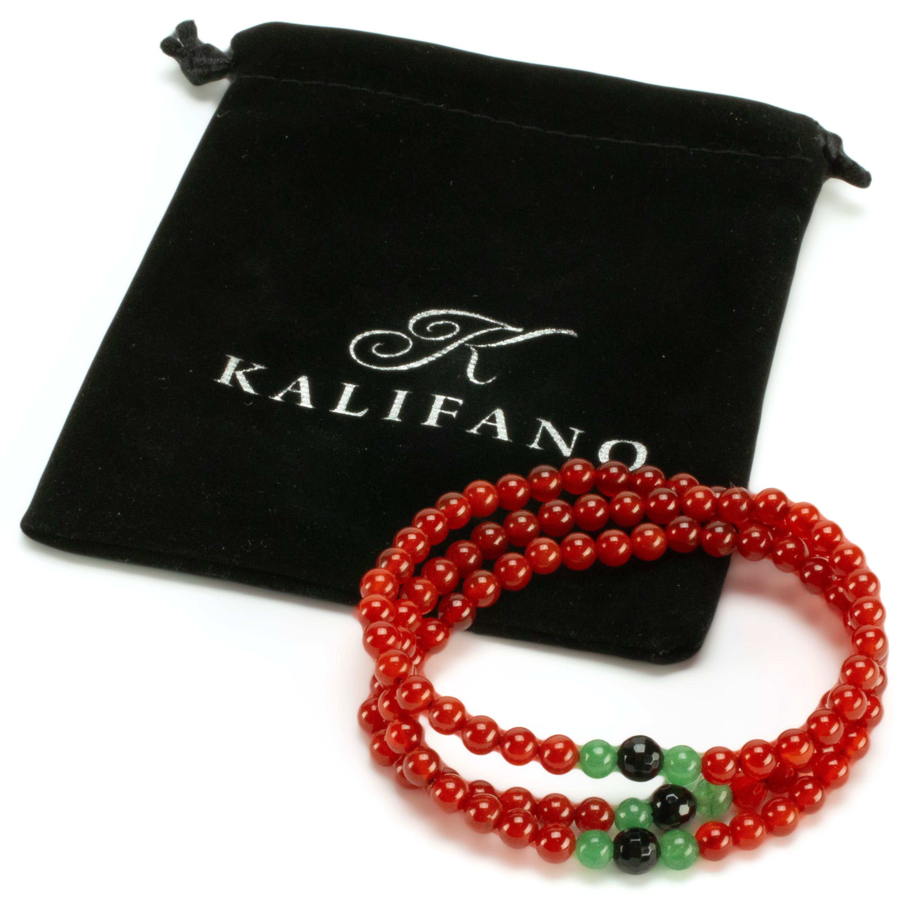 Kalifano Gemstone Bracelets Red Agate 6mm Beads with Aventurine & Black Agate Accent Beads Triple Wrap Gemstone Elastic Bracelet WHITE-BGI3-079