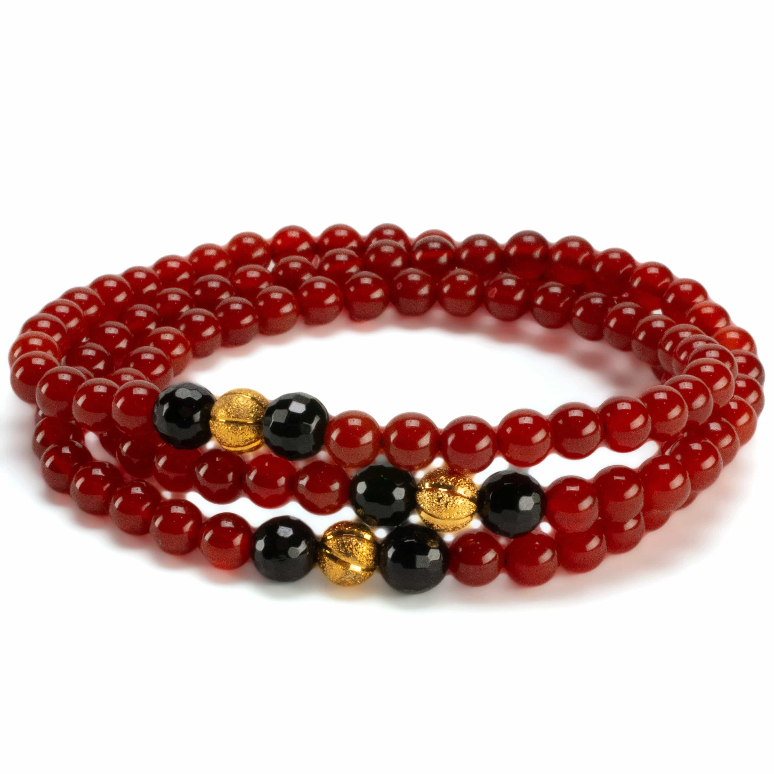 Kalifano Gemstone Bracelets Red Agate 6mm Beads with Black Agate & Gold Accent Beads Triple Wrap Gemstone Elastic Bracelet WHITE-BGI3-080