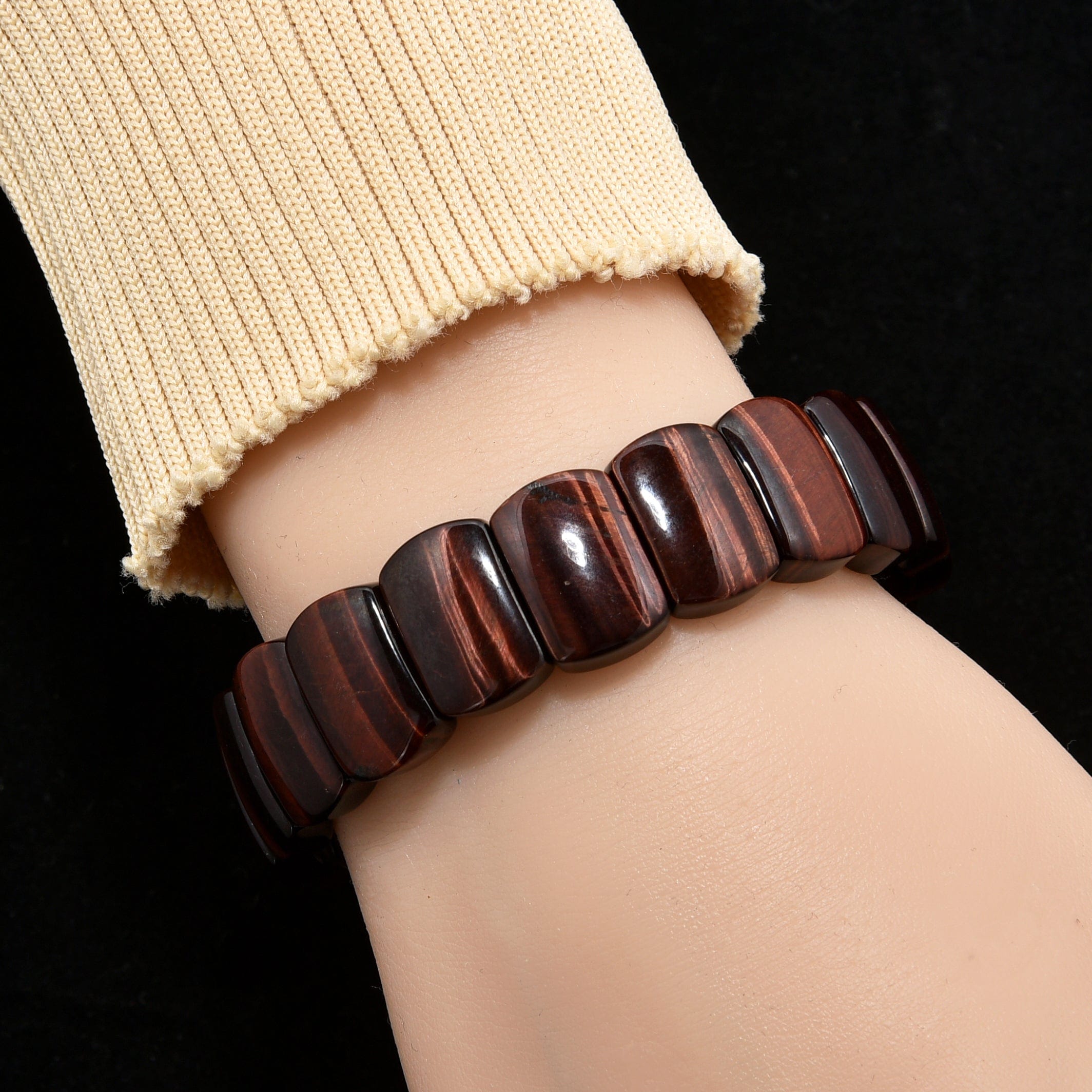 Kalifano Gemstone Bracelets Red Tiger Eye 17mm Beads Gemstone Elastic Bracelet PLAT-BGP-048