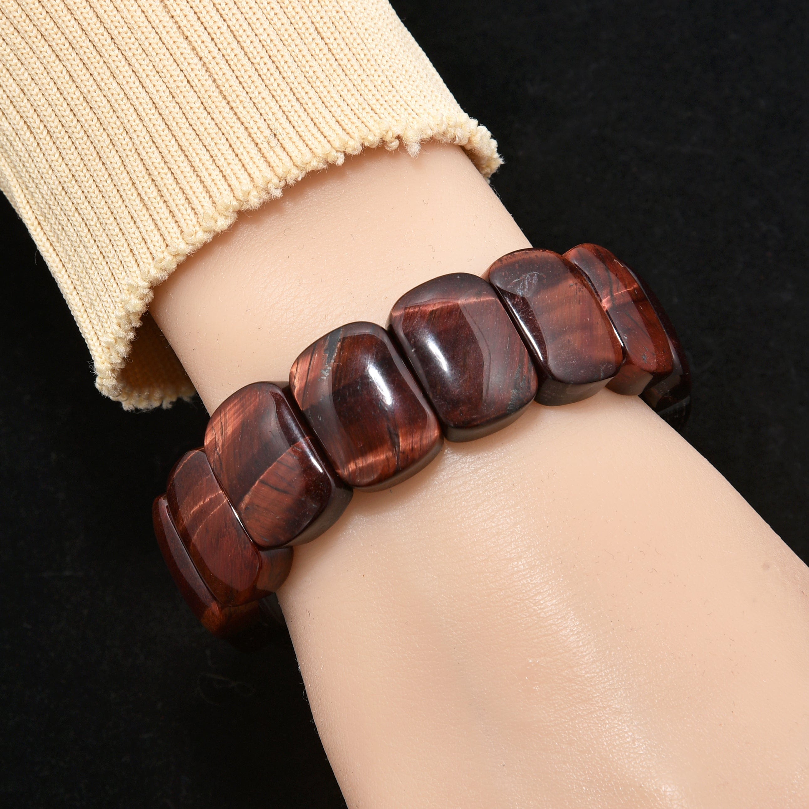 Kalifano Gemstone Bracelets Tiger Eye 20mm Beads Gemstone Elastic Bracelet BLACK-BGP-052