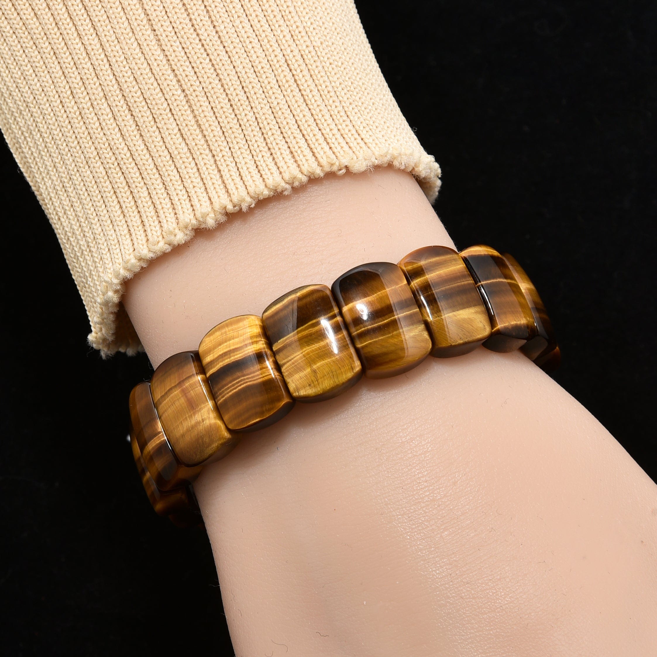 Kalifano Gemstone Bracelets Tiger Eye Gemstone 17mm Beads Elastic Bracelet PLAT-BGP-047
