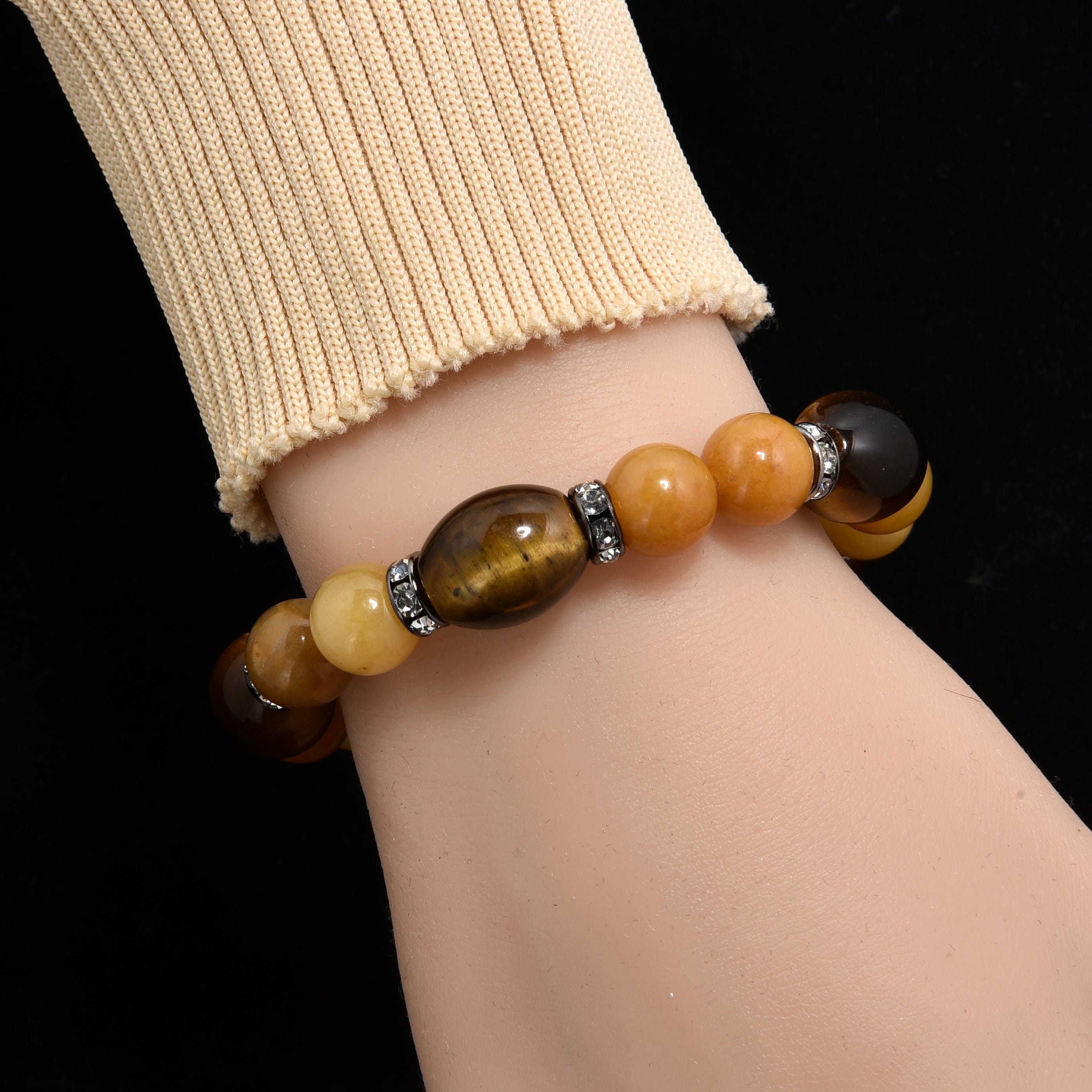 Kalifano Gemstone Bracelets Tiger Eye with Crystal Accent 10mm Beads Gemstone Elastic Bracelet BLUE-BGP-061