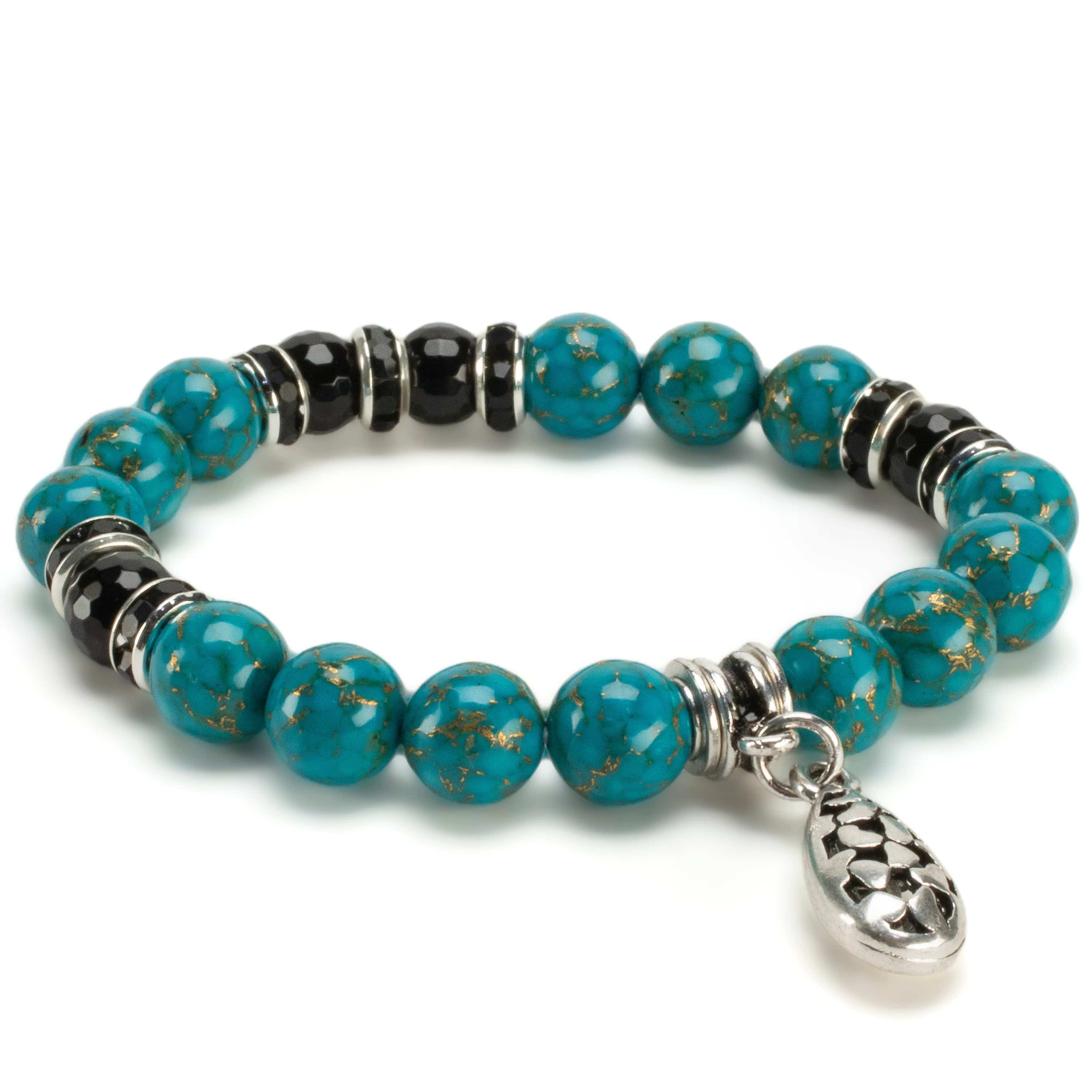 Kalifano Gemstone Bracelets Turquoise 10mm Gemstone Elastic Bead Bracelet with Charm & Black Agate Accent Beads RED-BGP-081