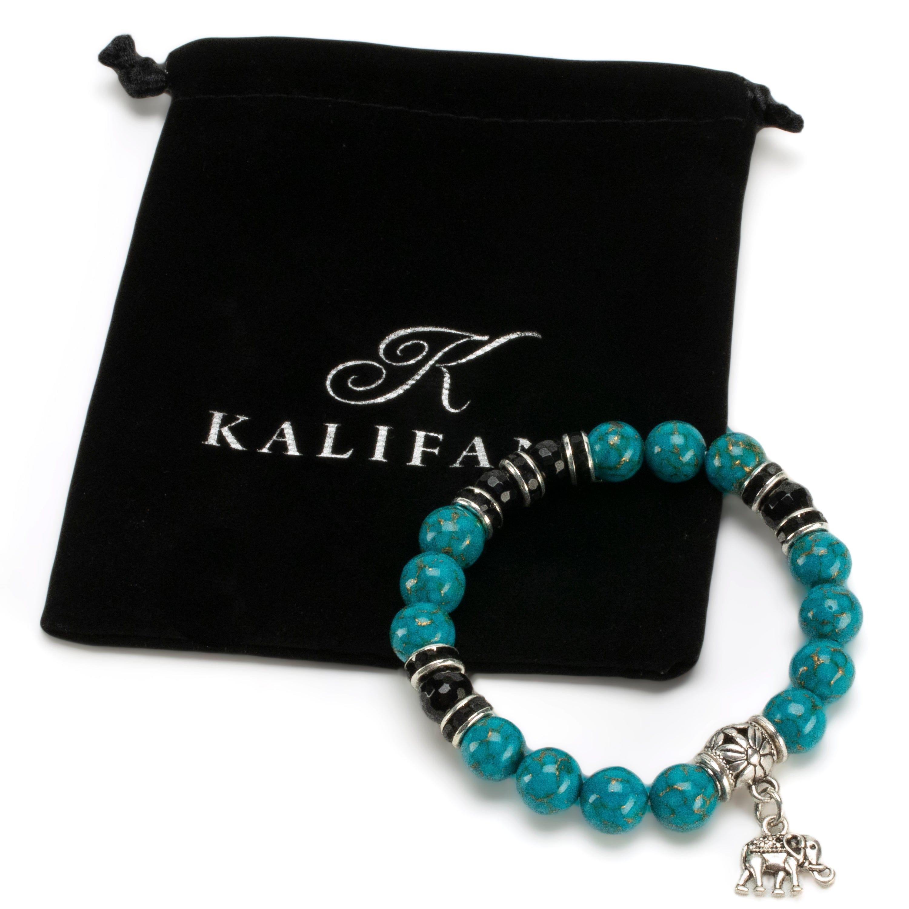 Kalifano Gemstone Bracelets Turquoise 10mm Gemstone Elastic Bead Bracelet with Elephant Accent Bead RED-BGP-074