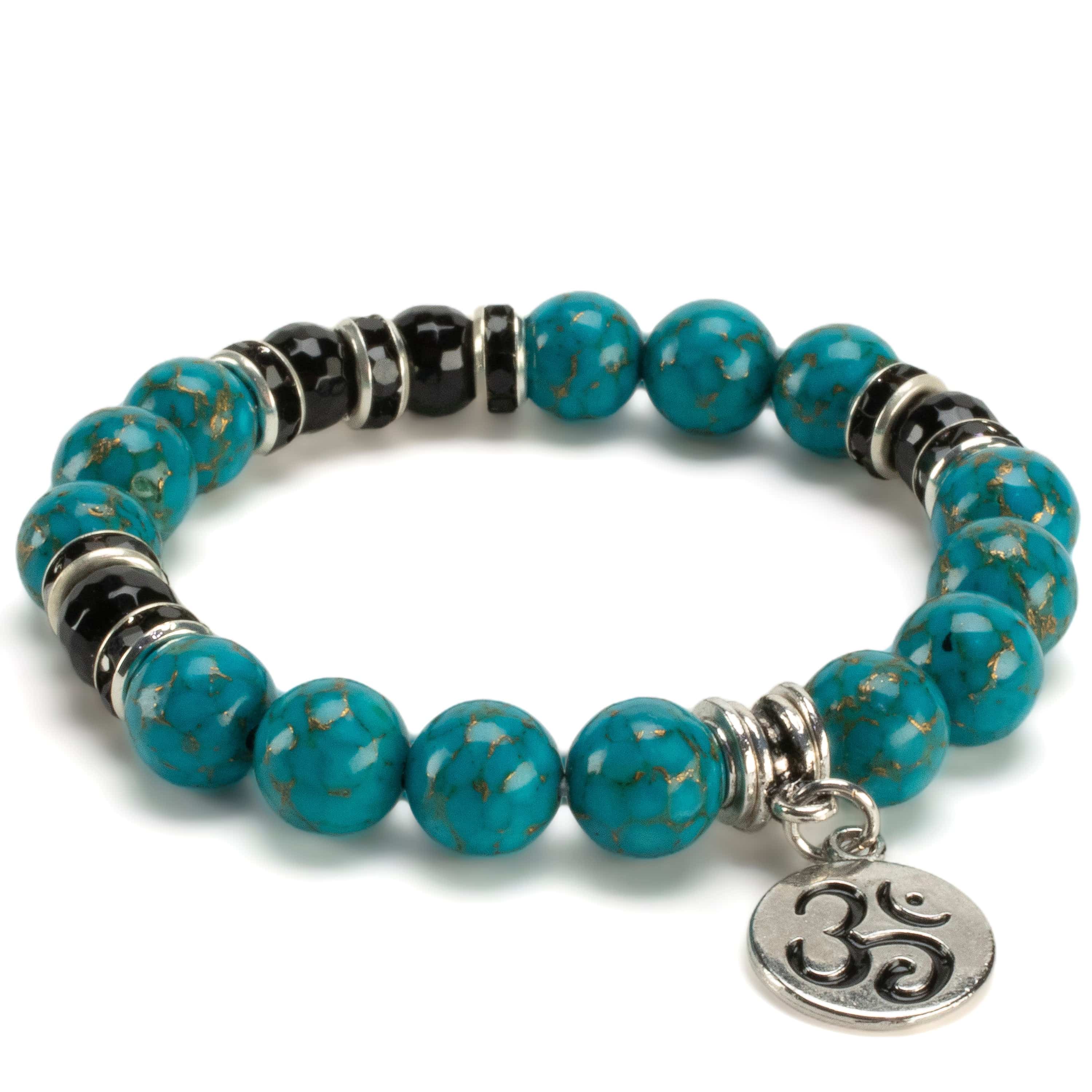Kalifano Gemstone Bracelets Turquoise 10mm Gemstone Elastic Bead Bracelet with Ohm Charm & Black Agate Accent Beads RED-BGP-077