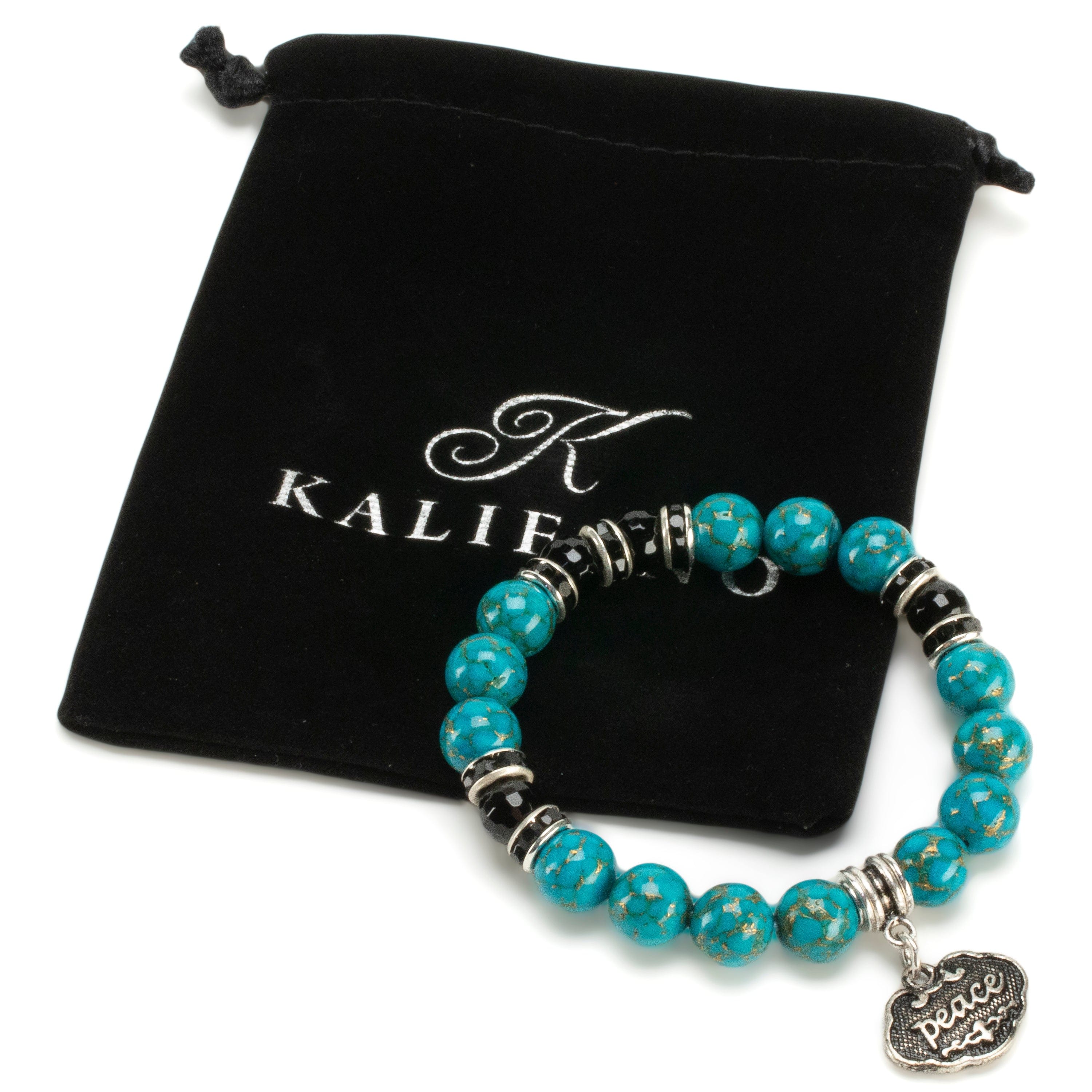 Kalifano Gemstone Bracelets Turquoise 10mm Gemstone Elastic Bead Bracelet with Peace & Black Agate Accent Beads RED-BGP-076