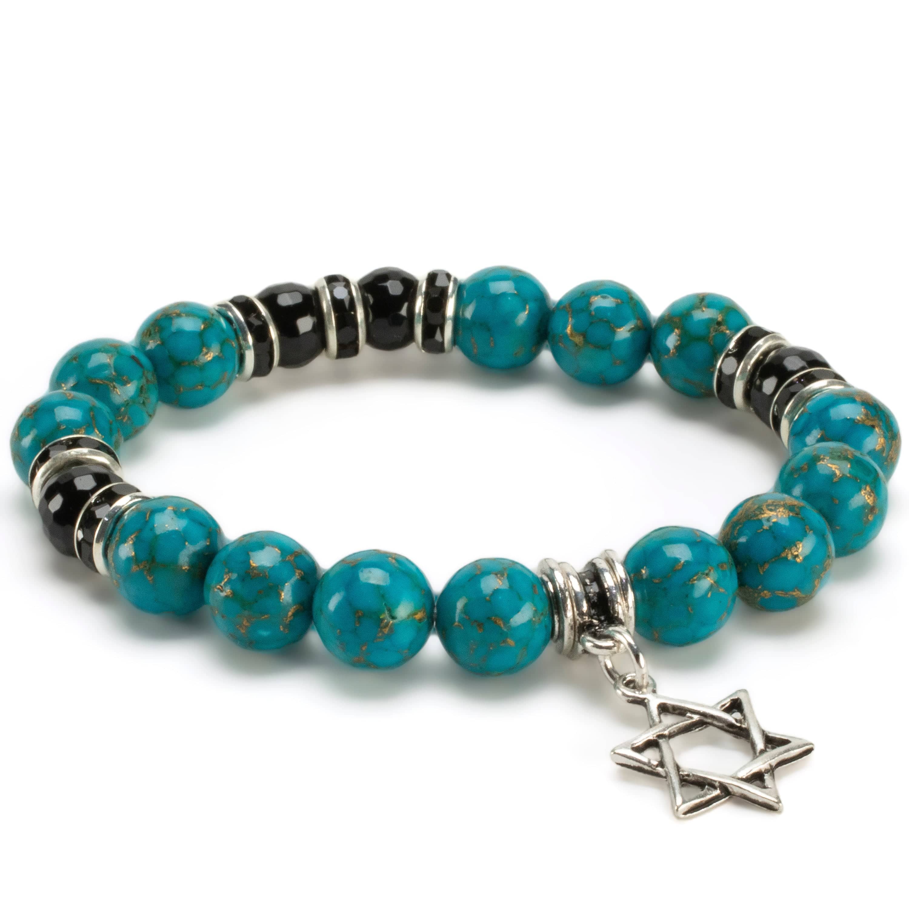 Kalifano Gemstone Bracelets Turquoise 10mm Gemstone Elastic Bead Bracelet with Star of David Charm & Black Agate Accent Beads RED-BGP-079