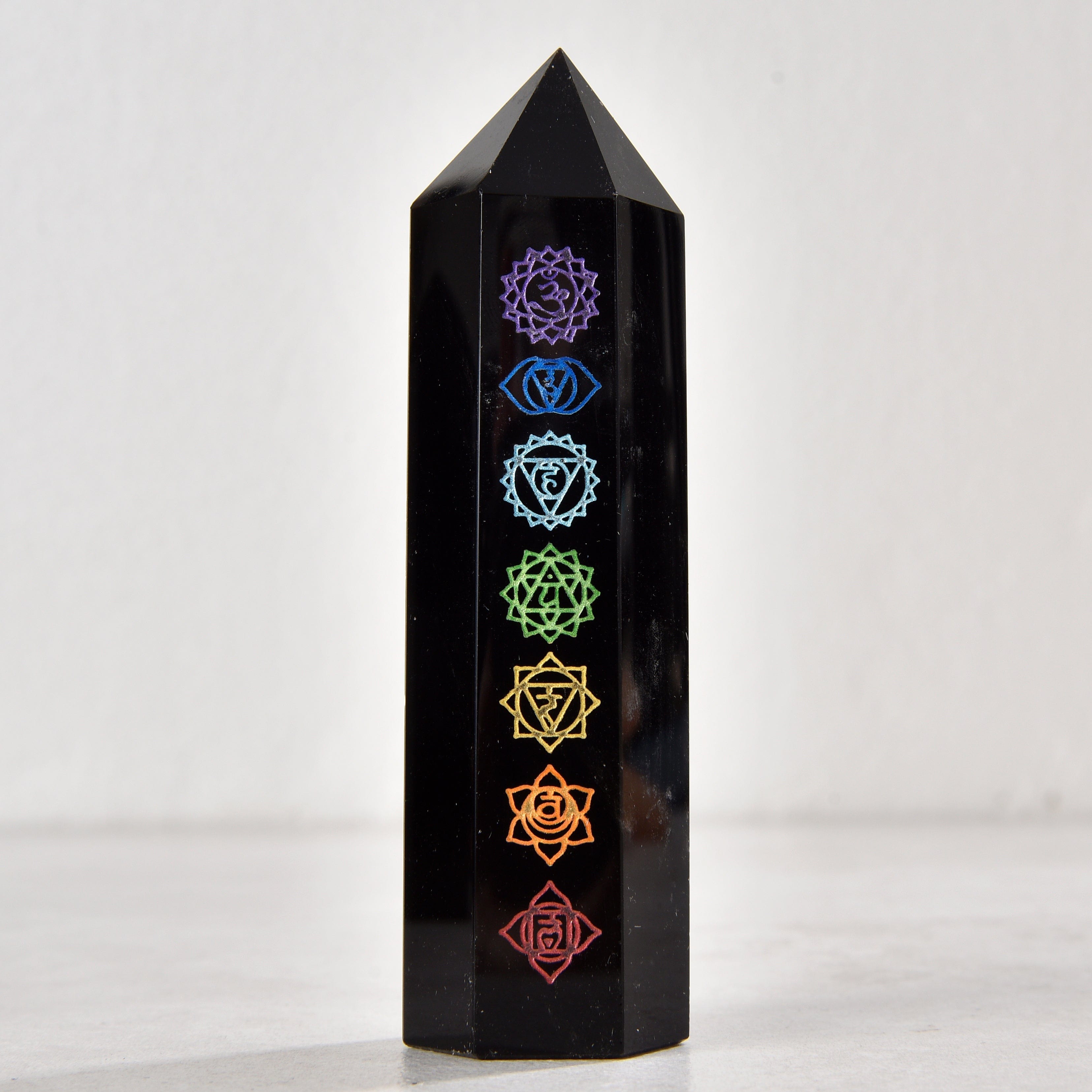 KALIFANO Gemstone Carvings 3.5" 7 Chakra Obsidian Obelisk Tower Gemstone Carving GOT810-COB