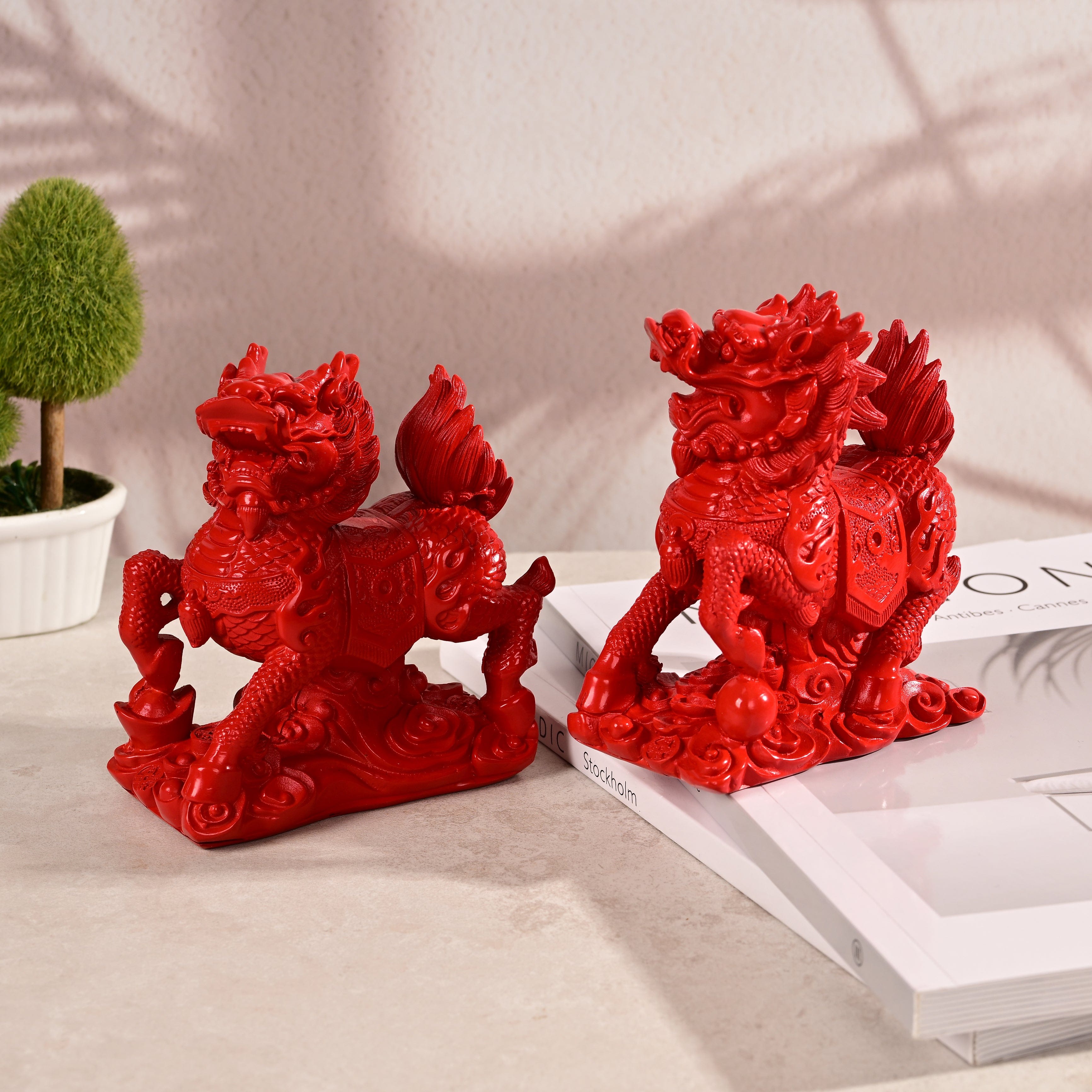 KALIFANO Gemstone Carvings Cinnabar Kylin Pair Carving CBAR360
